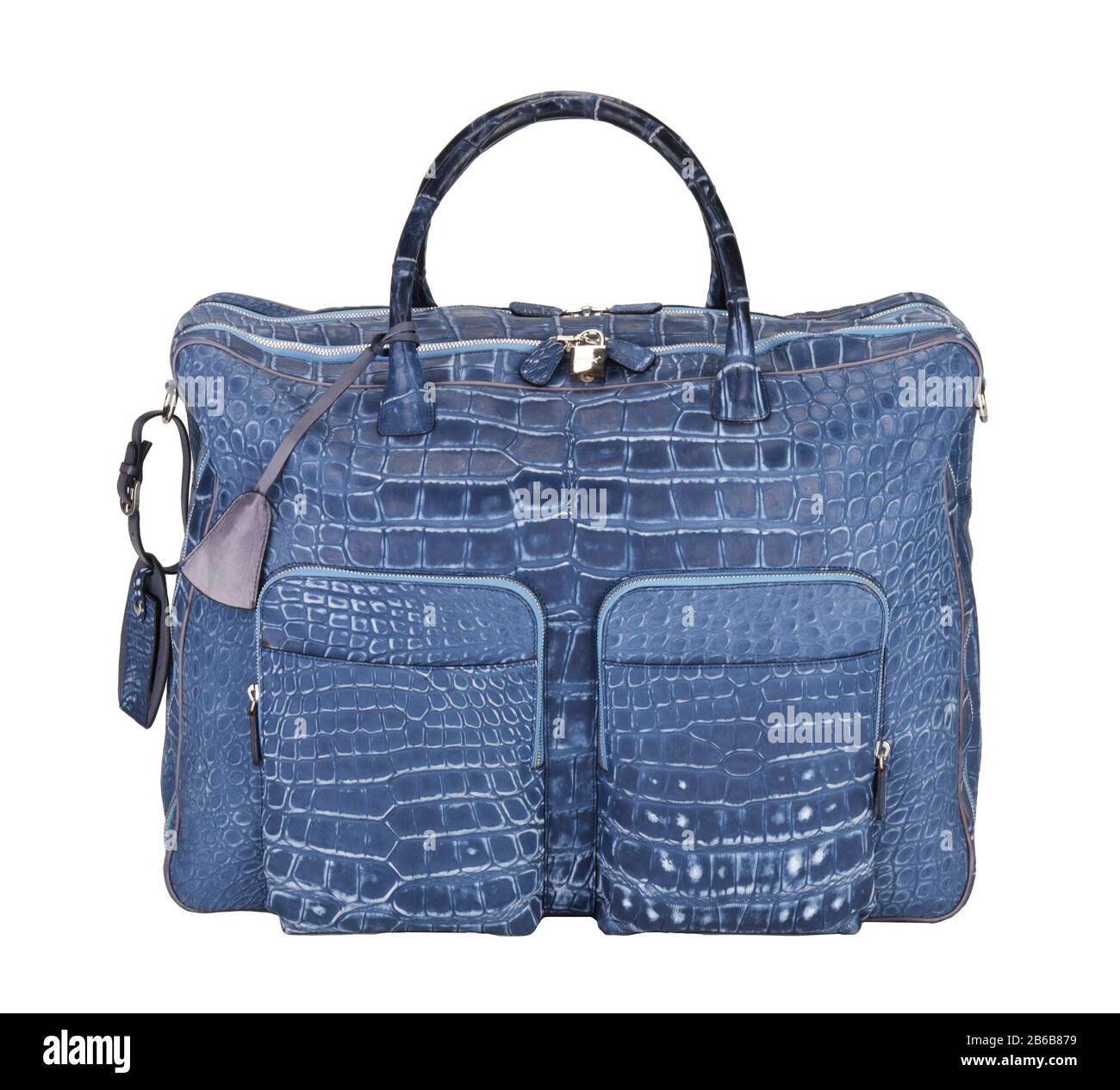 Eine blaue Krokodilhaut oder Ledertasche. Eine große Tasche mit Taschen. Stockfoto