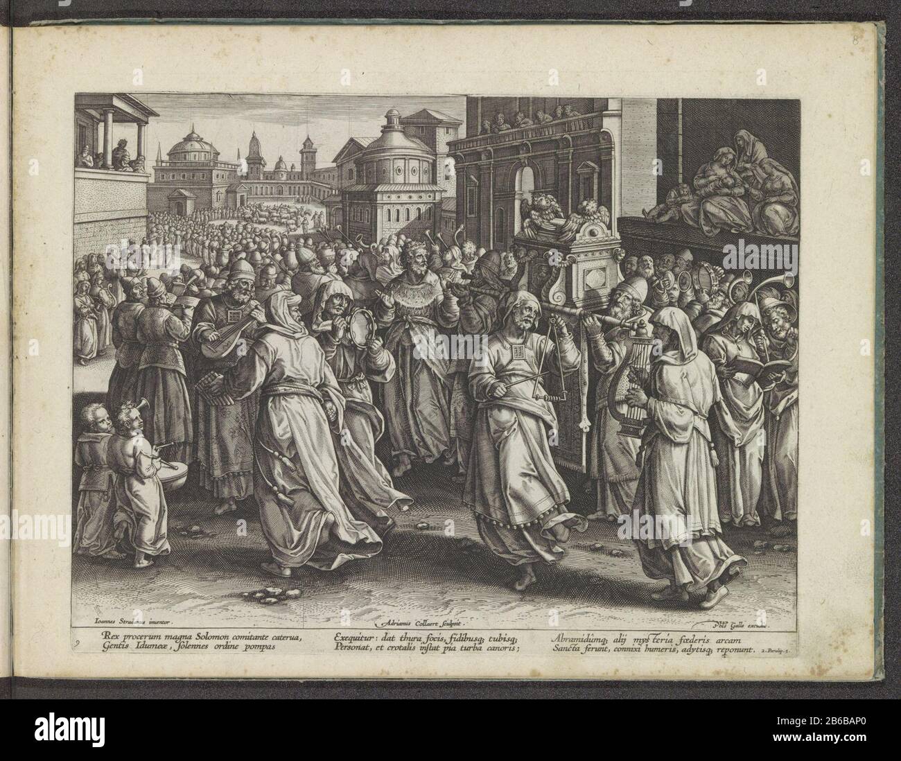 Bundeslade, die in den Tempel von Solomon Hymn zur Musik gebracht wurde (Serientitel) Encomium musices (Serientitel) die Bundesarke wird in einer Prozession zum Tempel Salomos getragen. König Solomon läuft für die Ark Aus. Sie singen aus Musikbüchern und spielen auf Trompeten, Zupfen und Schlaginstrumenten. Das Bild hat eine Bildunterschrift mit lateinischen Versen. Gemäß einem Gesetz, das sich mit 2 Chroniken 5 verwischt. Der Druck ist Teil eines Albums. Hersteller: Druckmaschine: Adriaen Collaert (unter Denkmalschutz) entworfen von: Stradanus (unter Denkmalschutz stehendes Gebäude) Herausgeber: Philip Galle (unter Denkmalschutz stehendes Gebäude) Autor: Joan Stockfoto