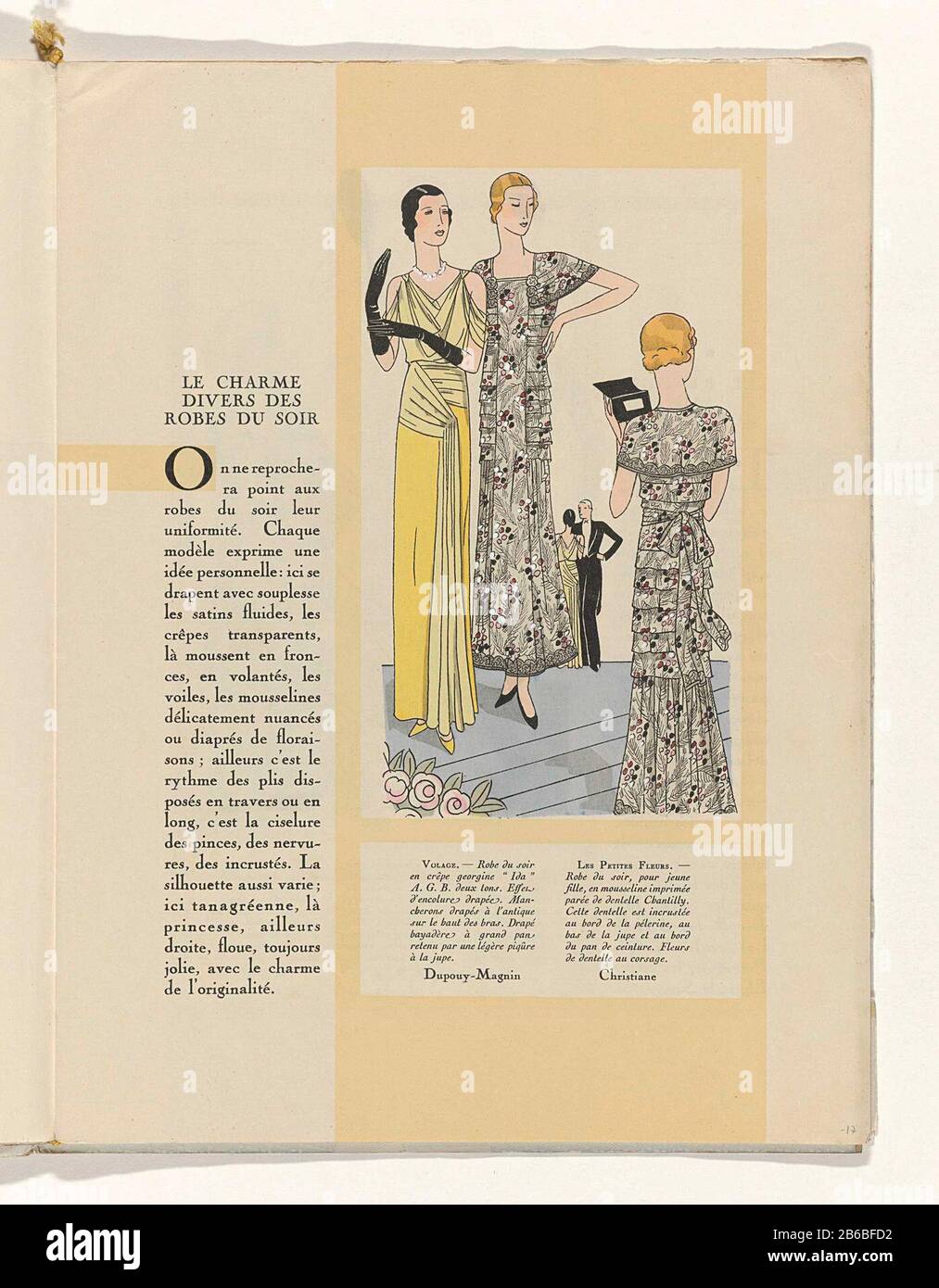 Der "Le Charme Divers des Robes du soir" traf auf einen der Avondjapon van crêpe Georgette van Dupuy-Magnin en een avondjapon met Pelerine van Christiane. Pagina uit het modetijdschrift Art--------------17-Beauté ût (1920-1933). Hersteller : prentmaker: Anoniemmodeontwerper: Dupouy-Magnin (vermeld op object)modeontwerper: Christiane (vermeld op object)uitgever: Charles Goy dating: 1931 Physical kenmerken: Lithografie, met sjablonen en de Hand kleurd Material: Papier Techniek: Lithografie mm (tire.) / chor de plad × Stockfoto