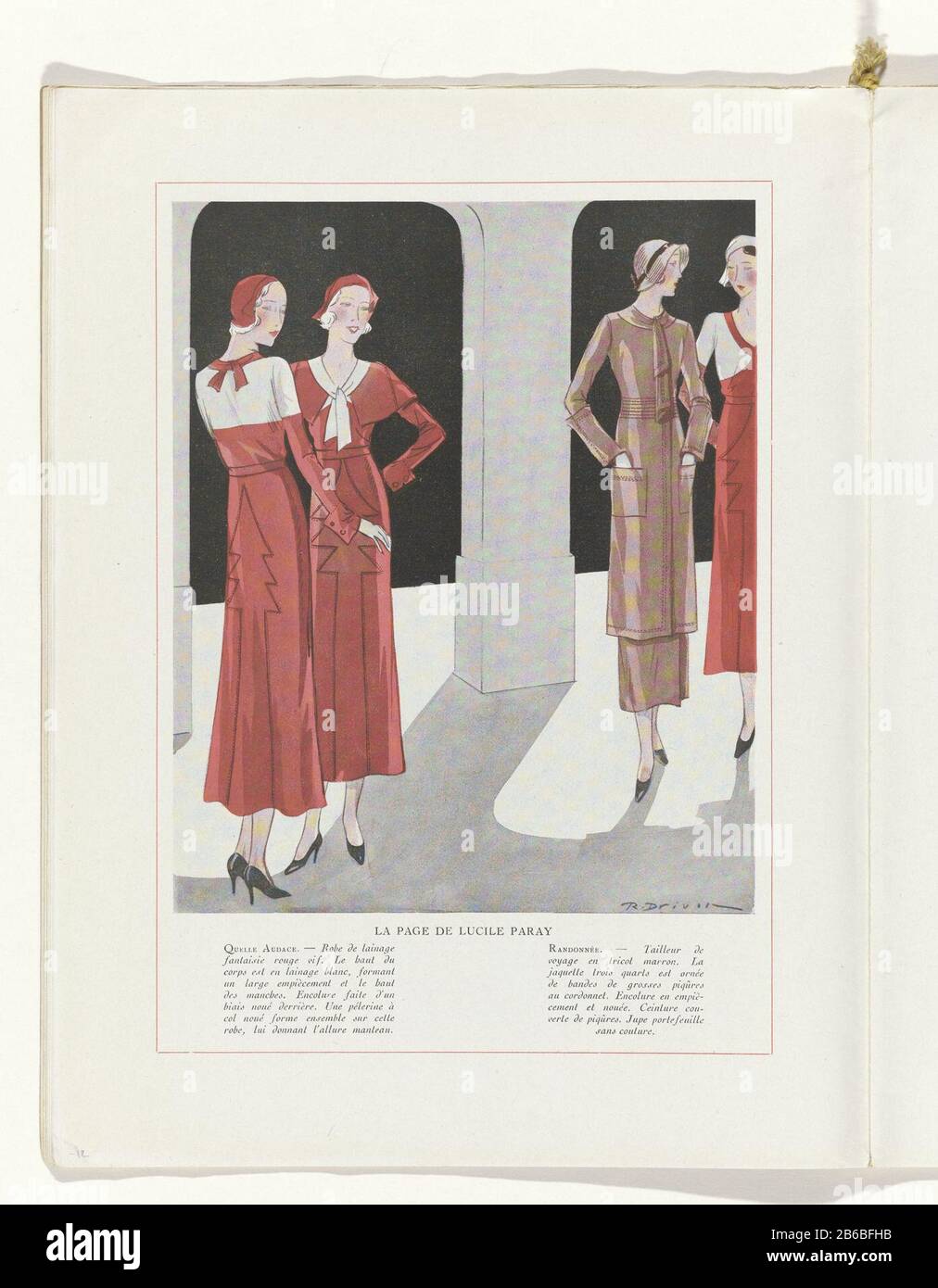 Vier Frauen in den Ensemble Lucile Paray. Links: Rote Dress' Lainage  Fantaisie (Wolle) und Wolle mit passendem cape. Rechts: Reisekleidung  "Tailor (Anzug) aus braunem Trikot. Seite der Modezeitschrift  Art-Gout-Beauté (1920-1933) . Hersteller :