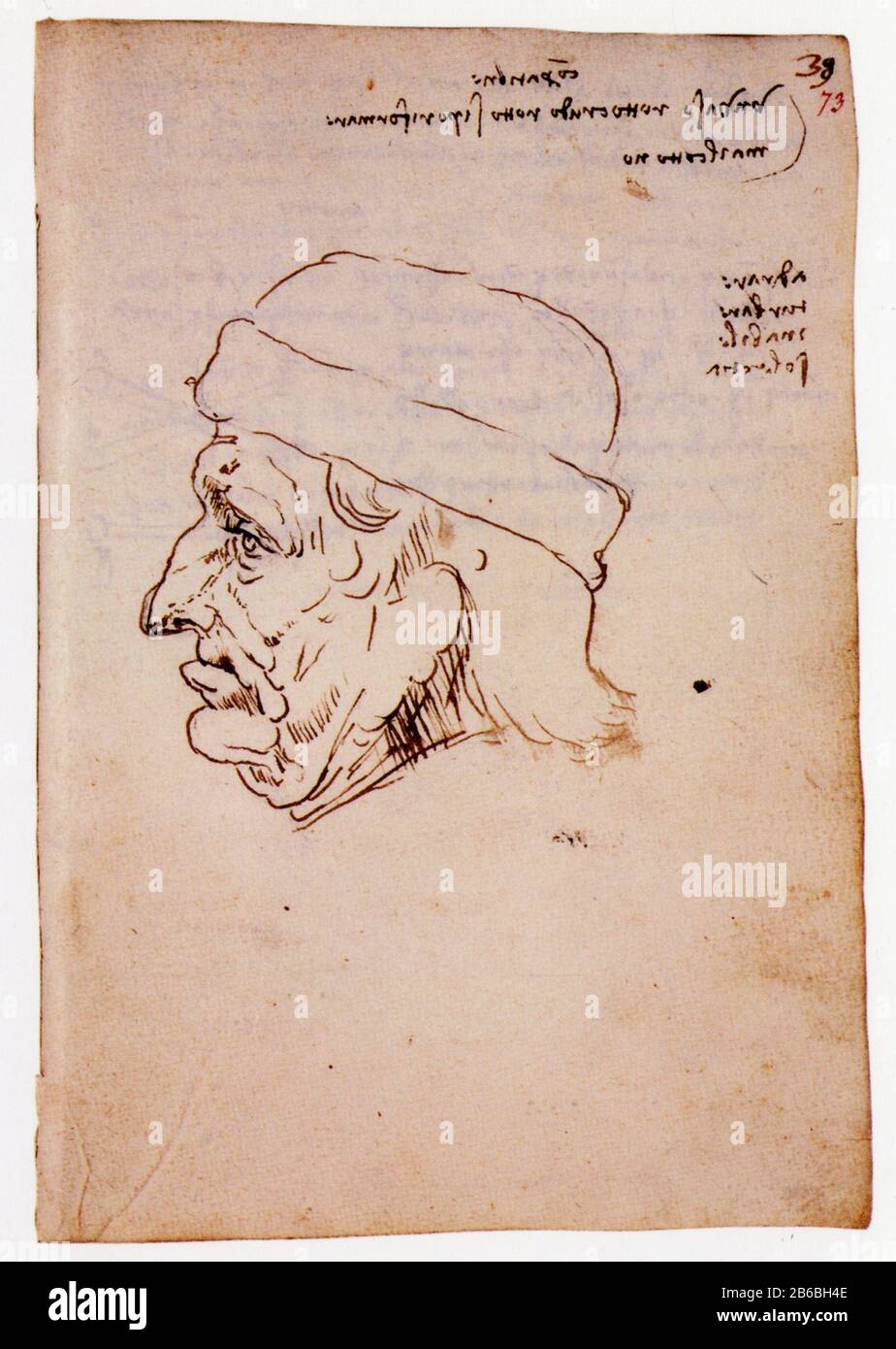 Leonardo da Vinci. Stift- und Tintenzeichnung des Kopfes eines alten Mannes. 1487-1490 Stockfoto