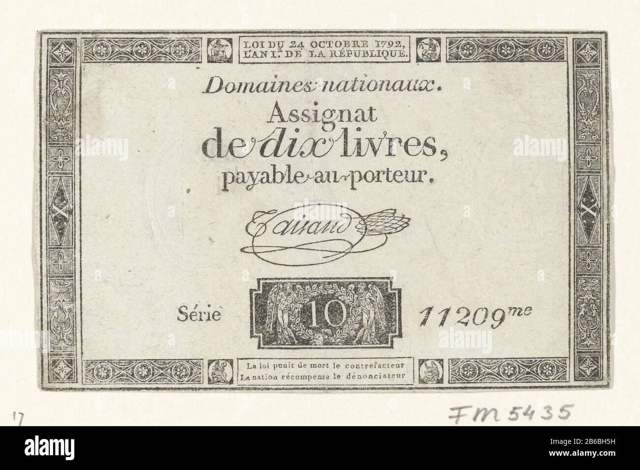 Assignaat van 10 Pfund, 173 Assignat Ten Pfund (OP titel object) Assignat of 10 livres. Im Umlauf gebracht von den Domaines nationaux, Serie 11209, gemäß dem Gesetz vom 24. Oktober 1792. Hersteller: Verlag: Domaines nationalauxPlaats Herstellung: Frankreich Datum: 17972 Physische Merkmale: Holzschnitt und Prägematerial: Papiertechnik: Holzschnitt / Prägemaße: Blatt: H 74 mm × b 117 mm Betreff: Banknote französische Revolution Wann: 170-1796 Stockfoto