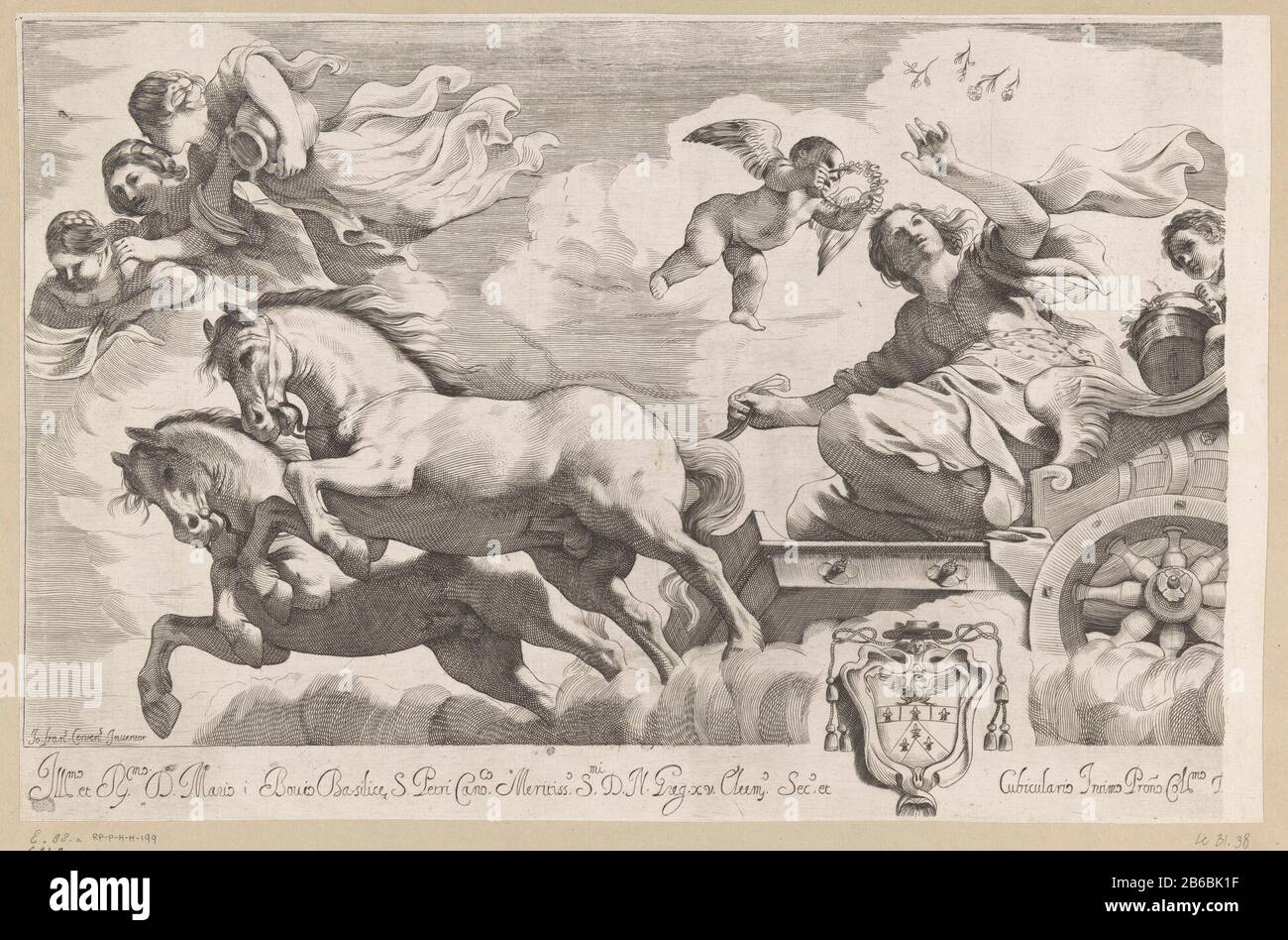 Aurora jagt die Nacht (links), R p-P-H-H-199-1 Streuung mit Blumen Aurora, die ihren Wagen von zwei Pferden ziehen. Jeden Morgen jagt Aurora die Nacht und bringt den Morgengrauen. Für sie schweben die Horae, die Göttinnen der Jahreszeiten. Rechts Auroras Ehemann Tithonus kümmern sich um sie. Befehl im unteren Rand und in der unteren Mitte eines Wapenschilds. Hersteller : Printer Giovanni Battista Pasqualinaar Wandbild: Guercino (börsennotiertes Eigentum) Privilegien-Provider: Papsthofopgewagen an Mario Bovio (börsennotiertes Eigentum) Ort Herstellung: Druckmaschine: Italien Zur Darstellung des italienischen Anbieters von Vorrechten: Mehrwertsteuer Stockfoto