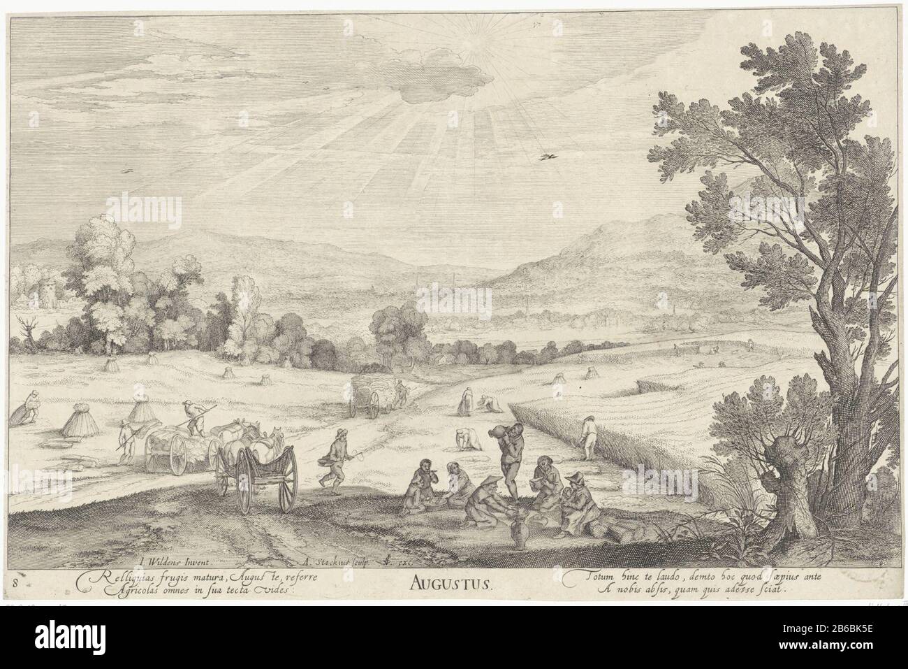 August, Landschaft mit Getreideernte Augustus (Titelobjekt) Die zwölf Monate (Serientitel) Landschaft mit dem Vordergrund einige Menschen, die während der Ernte ruhen. Verbindungen sind Garben, die miteinander verbunden sind. Die richtigen Leute ernten das Getreide. Imagination des Monats August. Drucken Sie eine Serie von zwölf Maanden aus. Hersteller: Druckmaschine: Andries Jacobsz. Stock (börsennotiertes Grundstück) entworfen von Jan Wildens (denkmalgeschütztes Gebäude) Verleger Claes Jansz. Visscher (II) (Bezug auf Objekt) Ort Herstellung: Amsterdam Datum: 1614 Physische Eigenschaften: Engra-Material: Papiertechnik: Engraa (Druckverfahren) Me Stockfoto