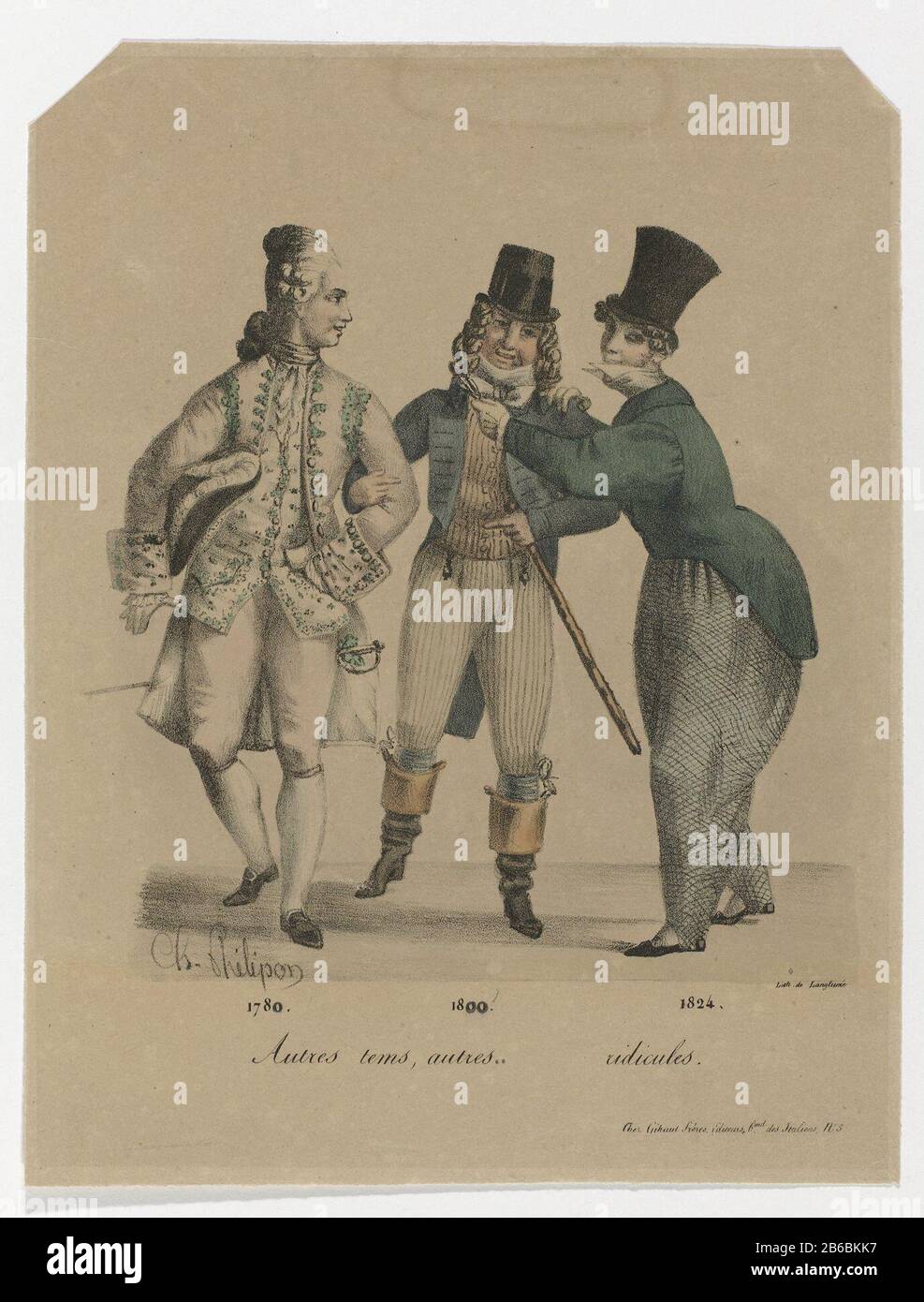 Andere Juwelen, andere Spott: 1780-1800-2400, dass 1829-1830 Drei Männer in den Moden von 1780-1800 und von 1821-1830-1 gekleidet waren. Hersteller : Druckerhersteller Charles Philipon (unter Denkmalschutz stehendes Gebäude) Drucker: Pierre Langlumé (unter Denkmalschutz stehendes Gebäude) Herausgeber: Gihaut Frères (unter Denkmalschutz stehende Immobilien) Herstellung: Paris Datum: CA. 1829 - ca. Physikalische Eigenschaften von 1830: Lithographie, handfarbenes Material: Papiertechnik: Lithographie (Technik) / Handfarbenmessungen: Blatt: H 271 mm × W 208 mm Betreff: Modeplatten Historisches Kostüm (+ Herrenbekleidung), Wann: 1775-17991824181818299 - 1829 Stockfoto