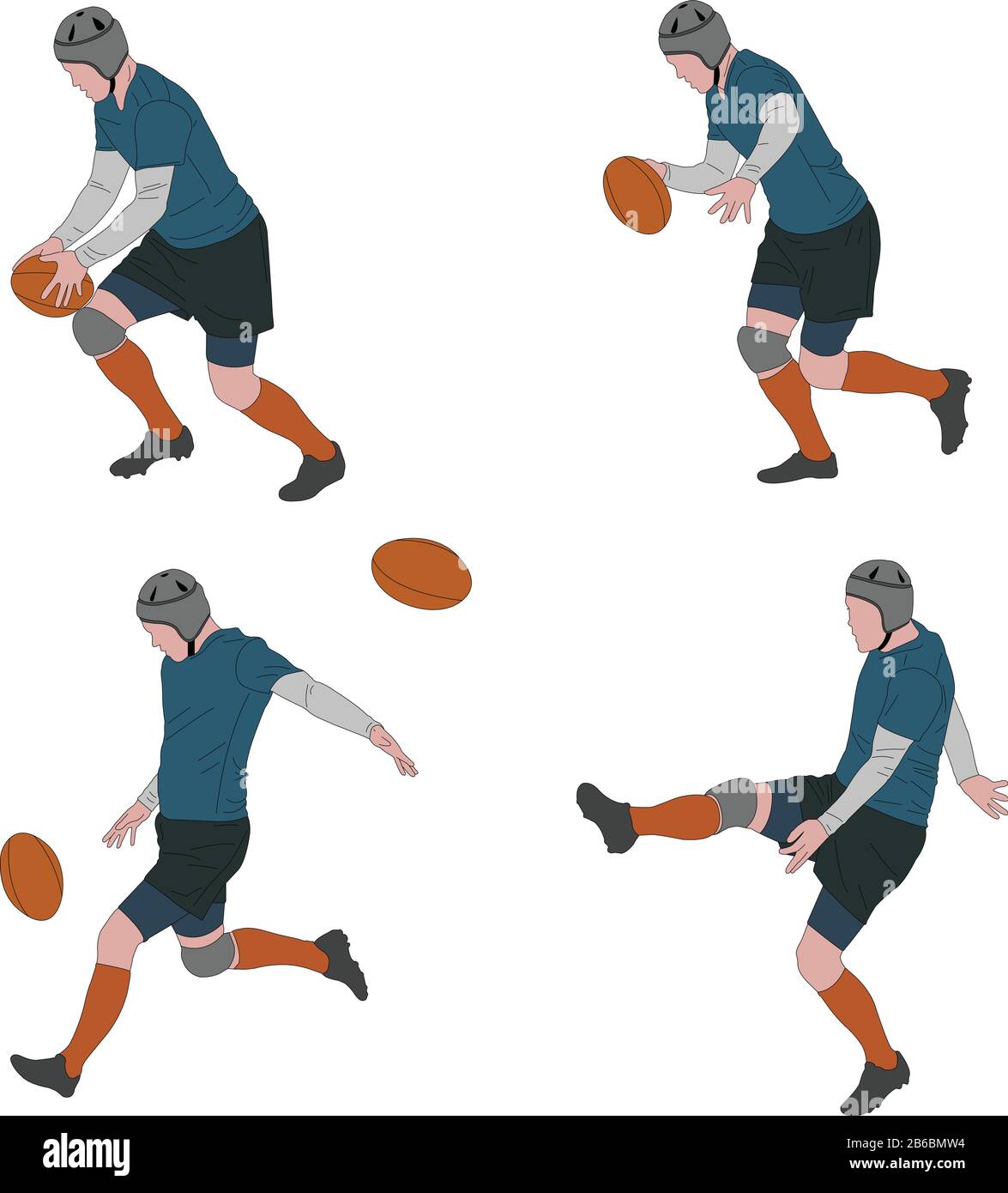 Rugbyspieler treten den Ball in vier Schritten Farbabbildung - Vektor Stock Vektor