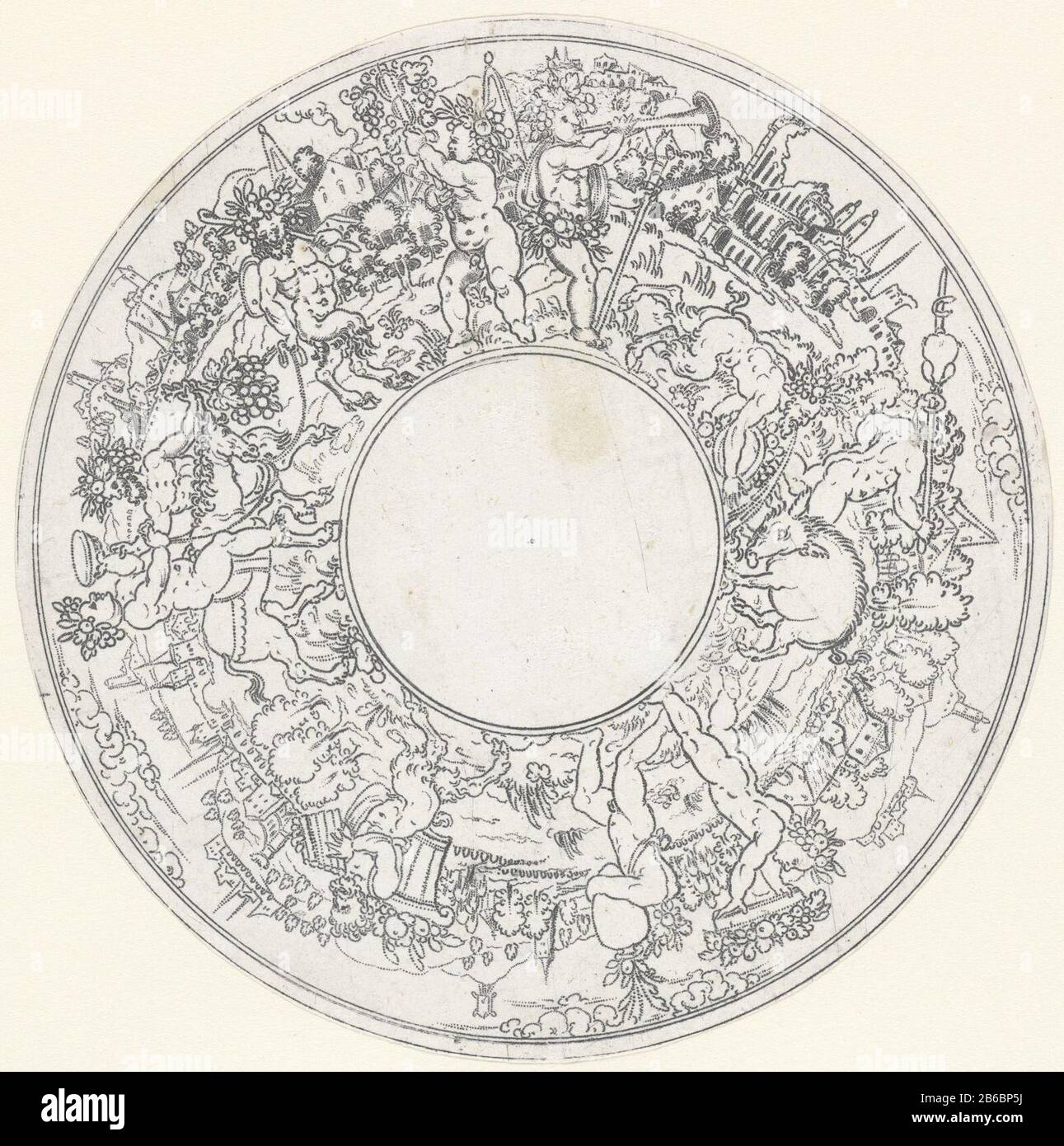 Bacchus, der auf einem Esel reitet, Schmecken Landschaften mit Prozessionen von Bacchus und seiner Konsequenz (Serientitel) hinterer Bacchus laufender Satyrs und Kinder mit Früchten und Musikinstrumenten. Einer von zwei bladen. Hersteller : Druckhersteller: Anonym zur Gestaltung: Jonas-Silberuitgever: Anonymer Standort Herstellung: Deutschland (möglich) Datum: 1572 - 1589 Material: Papiertechnik: Punktierte Engra-Abmessungen: Blatt: D 130 mm Stockfoto