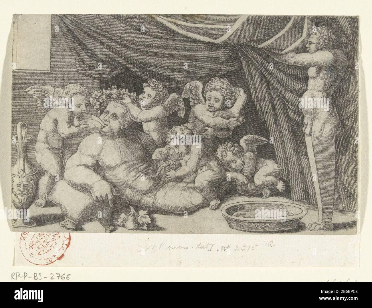 Bacchus mit Putten, Die Halb Zurücklehnen, Bacchus umgeben von Putten, die seine Lorbeeren trinken und er geven. Hersteller : Druckhersteller Cornelis Bos (möglich) Entwurf von: Anonymer Ort Herstellung: Unbekanntes Datum: CA. 1537 - ca. 1555 Physikalische Merkmale: Fahrzeugmaterial: Papiertechnik: ENGRAA (Druckverfahren) Maße: Blatt: H 115 mm × W 182 mm Betreff: (Geschichte) Bacchus (Dionysus), Liber Stockfoto