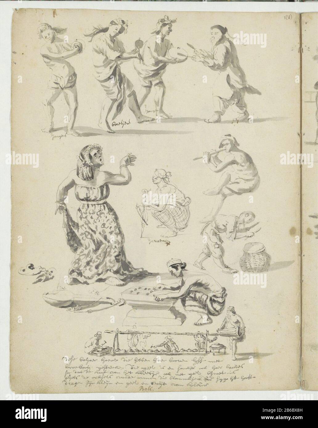 Balinesische Musiker und Tänzer balinesische Musiker, Tänzer und Objekttyp: Zeichnung Objektnummer: RP-T-1964-364-1 (V) Markierungen / Marken: Anmerkung, Hand in schwarzem und braunem Stift geschrieben, '[...] Bali ', Beschreibung Musikbeschreibung: Blatt 1 Verso eines Booklets von 10 Seiten, das aus einem Schetsboek stammt. Hersteller : Künstler Wouter Schouten Künstler: Cornelis de Bruyn (Namensnennung abgelehnt) Ort Herstellung: Bali Datum: Ca. 1660 Physische Merkmale: Pinsel und graues Tinte Material: Papiertinte Technologie: Penseel Thema: Asiatische Rassen und Völker (INDONESIER) Musiker bei der Arbeit Tänzerin Folk Kostüm, r Stockfoto