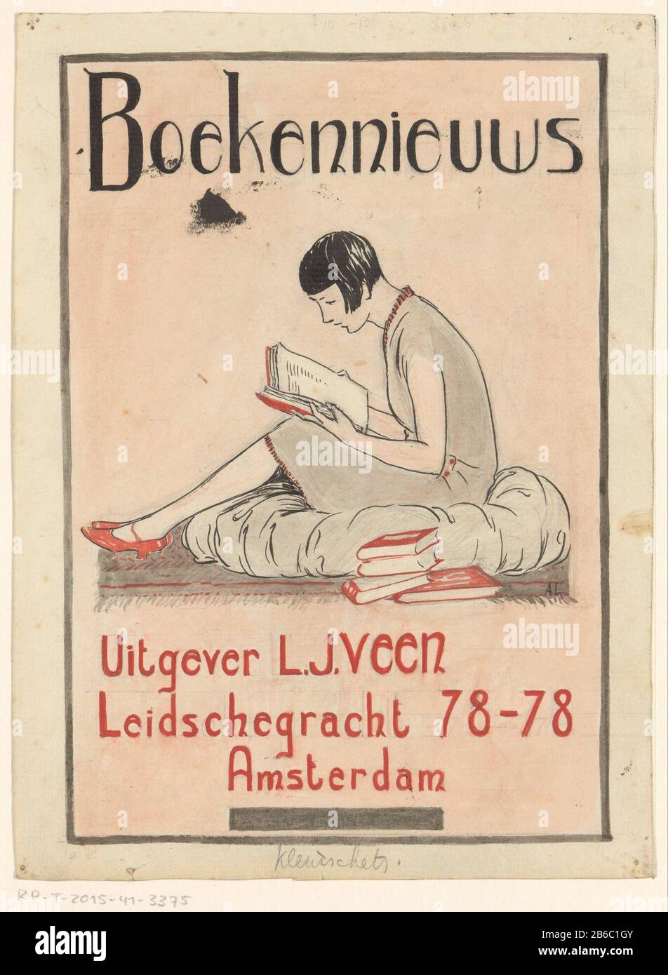 Reifendesign für den Buch-News-Verlag LJ Veen, c 1930 Design eine Hinterliste von Uitgeversmaatschappij LJ Veen Amsterdam. Eine Frau mit kurzen Haaren, die auf einem Kissen auf dem Boden sitzt, um zu lesen. Neben ihr ist ein Haufen boeken. Hersteller: Künstler: Unbekannt (persönlich unterzeichnet) Datum: Ca. 1930 Physikalische Merkmale: Stift und Bürste in indischer Tinte mit Pinsel in Rot und Grau über Bleistift; Korrekturen weißes Dekverf-Material: Papier Indisch Tinte Aquarell Bleistift Deckeltechnologie: Stift / Bürste Abmessungen: H 213 mm × W 157 mm Betreff: Sitzende Figur lesen - AA - menschliche Figur der Frau Stockfoto