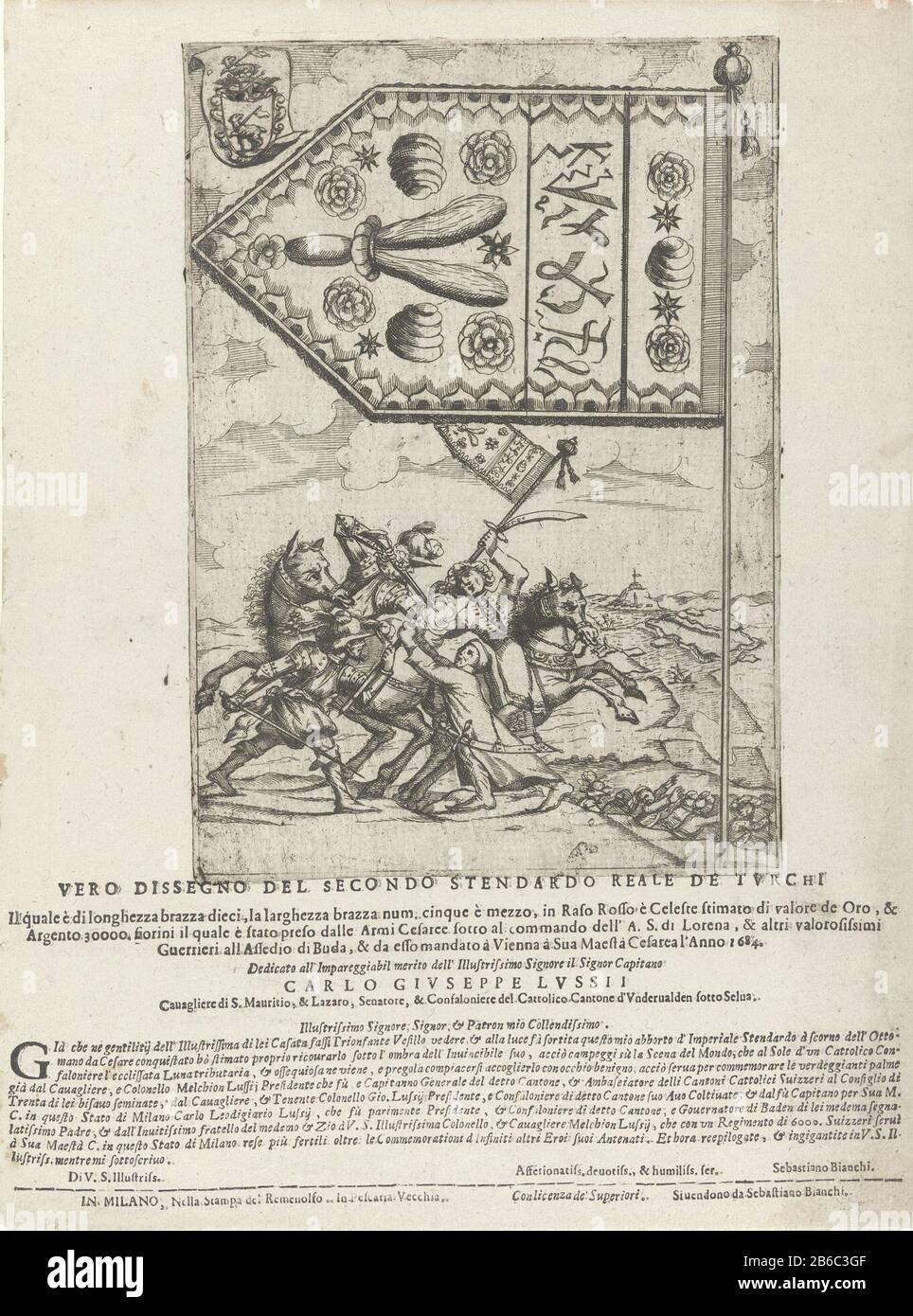 Banier van de Turken Vero zieht den zweiten königlichen Standard de Turchi (titel op object) Zum Banner der Türken. Unter zwei Soldaten, die mit zwei Männern in einer türkischen Landschaft kämpfen. Text in der Briefpresse unter Vertretung Hersteller: Druckmaschine: Sebastiano Bianchi (denkmalgeschütztes Gebäude) gewidmet Carlo Giuseppe Lussii (denkmalgeschütztes Eigentum) Ort Herstellung: Italien Datum: 1684 Physikalische Merkmale: Ätz- und Textdruckmaterial: Papiertechnik: Ätz-/Druckformate: Plattenkante: H 294 mm × W 207 mmblad: H 430 mm × W 320 mm Betreff: Asiatische Rassen und Völker: Turksde-Soldat; die LIF Stockfoto
