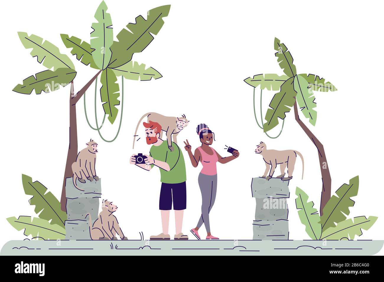 Touristen, die Fotos machen, illustrieren flache Doodle. Paar fotografieren Primaten. Affenwald. Urlaub im tropischen Land. Indonesien Tourismus 2D Stock Vektor