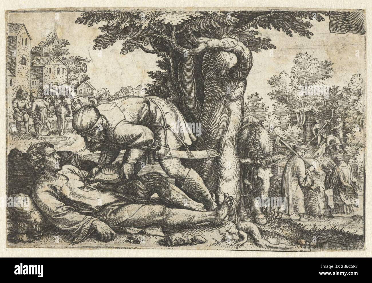 Barmherzige Samariter-Versorgung des verletzten Passagiers EIN Samariter stellt einen von Banditen raubten Reisenden auf der Straße zur Verfügung. Gehen Sie rechts einen Leviten und einen Priester, der dem verletzten Mann keine Hilfe angeboten hat. Im Hintergrund blieb der Samariter mit dem Reisenden in einem gasthaus zurück, in dem er sich um ihn kümmert. Hersteller : Druckerhersteller Georg Pencz (denkmalgeschütztes Gebäude) in seiner Gestaltung: Georg PenczPlaats Herstellung: Deutschland Datum: 1543 Physikalische Merkmale: Fahrzeugmaterial: Papiertechnik: Engraa (Druckverfahren) Abmessungen: Plattenkante: H 76 mm × W 112 mm Betreff: Der barmherzige Samariter (Luke 10: 30-37) Stockfoto