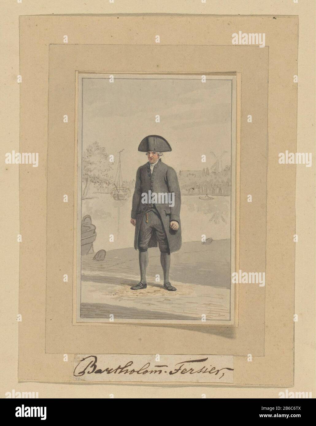Bartholomäus Fersier, der auf seinem Spaziergang zur Spaarne zu Bartholomäus Fersier, Arzt in Haarlem, spazieren ging. Hersteller : Illustrator Joannes Pieter Visser Bender Datum: 1790-188 Physikalische Merkmale: Stift oder Bürste in Braun und Schwarz, Bürste in Farbmaterial: Papier Aquarell Technik: Stift / Bürste Abmessungen: H 104 mm × b 66 mm Betreff: Historische Person (FERSIER, Bartholomeus) - historische Person (FERSIER, Bartholomeus) Porträtierte alonegeographische Namen von Ländern, Regionen, Bergen, Flüssen usw. (SPAARNELANDEN) (SPAARNELANDEN) Namen von Städten und Dörfern (mit NAMEN), Wobei SpneWie: BA Stockfoto