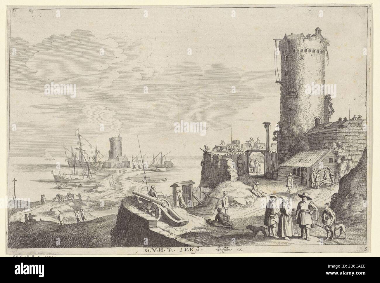 Bastion an einer Flusslandschaft zu Gerrit van der Horst (Serientitel) Flusslandschaft mit Aktivität in einem Fort. Zwei Kanonen auf den Wällen und in der Ferne ein Turm im Wasser, Wo: Bei vielen Booten und Segelschiffen. Fünftes Bild aus einer Reihe von Vijf. Hersteller: Der unter Denkmalschutz stehende Druckerhersteller Jan van de Velde (II), entworfen von Gerard van der Horst (unter Denkmalschutz stehendes Gebäude), Herausgeber Claes Jansz. Visscher (II) (denkmalgeschütztes Gebäude) Ort Herstellung: Nordniederland Datum: 1628 Physikalische Merkmale: Ätzmaterial: Papiertechnik: Ätzmaße: Plattenkante: H 200 mm × W 290 mmToelichtingClae Stockfoto