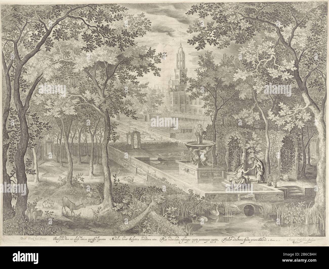 Bathsheba erhält den Brief von David Großzügig Bible (Serientitel) In erhält eine reich gestaltete Burg Bathsheba am Davidbrunnen Brief. In der Ferne ein Schloss, im Vordergrund ein Teich und verschiedene Tiere im Wald. Am Rand eine Überschrift in Latijn. Hersteller: Der Druckerhersteller Jan van Londerseel (denkmalgeschütztes Eigentum) wurde von David Vinckboons (i) (denkmalgeschütztes Gebäude) Herausgeber Claes Jansz entworfen. Visscher (II) (denkmalgeschütztes Gebäude) Ort Herstellung: Amsterdam Datum: 1601 - 1652 Abmessungen: Fahrzeugmaterial: Papiertechnik: ENGRAA (Druckverfahren) Abmessungen: Plattenkante: H 380 mm Stockfoto