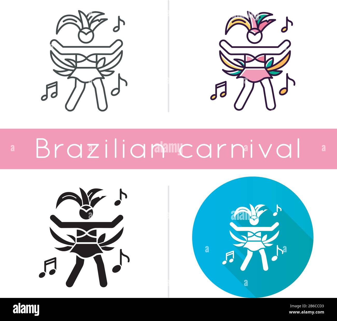 Die Symbole der tanzenden Dame sind gesetzt. Lineare, schwarze und RGB-Farbstile. Samba. Damen Karneval Kostüm. Karneval in Brasilien. Volksfest. Nationalfeiertag Stock Vektor