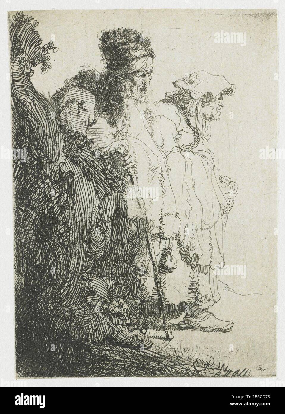 Bettler und Bettler, von hinten ein verlockter Bettler und, von hinten aus ein verlocktes Objekt Typ: Bild Artikelnummer: RP-P-1961-1084Catalogusreferentie: New Hollstein Dutch 51-2 (9) Bartsch 165-2 (9) Hollstein Dutch 165-2 (9) Markierungen / Marken: Monogramm, unten rechts: 'Rhl'merk, Zentralverso, Stift in Braun:' P. mariette 1681'Lugt 1790merk, verso zentral: Lugt 2173merk, verso unten Mitte, 'N. Smith, 1701'Lugt 2298merk, rechts: Lugt 2228 Hersteller: Druckmaschine Rembrandt van Rijn (denkmalgeschütztes Gebäude) in seinem Entwurf: Rembrandt van Rijn Datum: 1628 - 1632 Physische Merkmale: Etchi Stockfoto