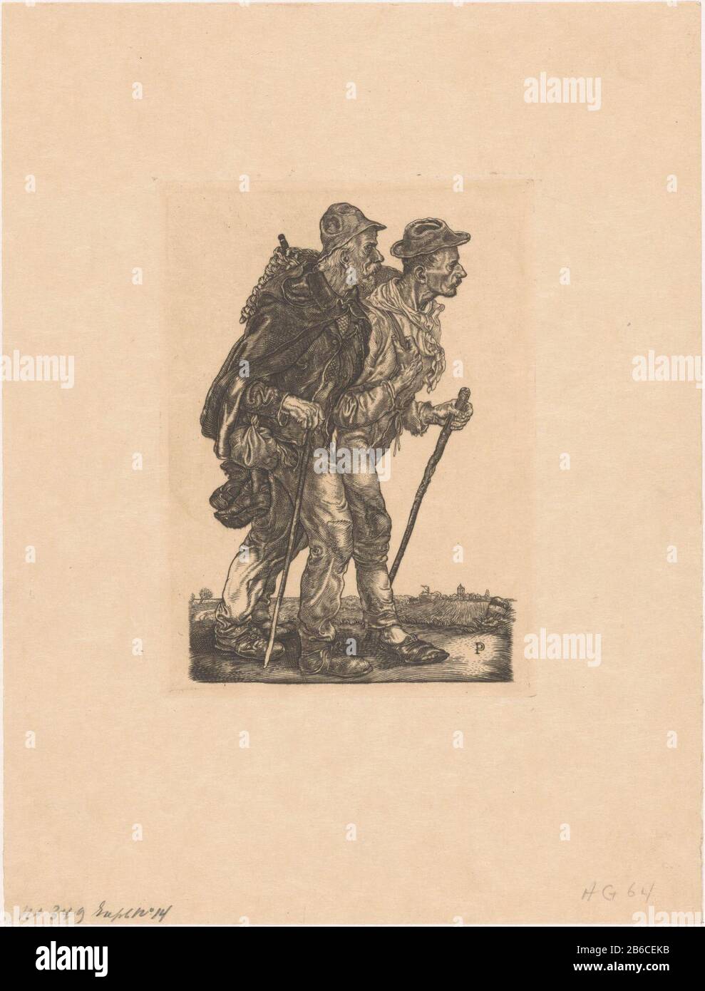 Bettler Zwei Männer, die mit Hut und Stock laufen. Im rechten Hintergrund ein Kerktoren. Hersteller : Druckerhersteller Pieter Dupont (Listed Property) Ort Herstellung: Amsterdam Datum: 1908 Material: Papiertechnik: Engra (Druckverfahren) Abmessungen: Plattenkante: H 138 mm × W 100 mm Betreff: Bettler Spazierstock, Personal Stockfoto