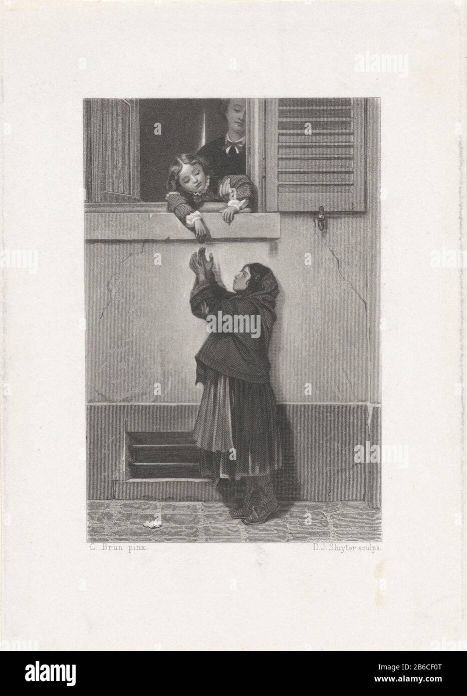 Bettelnde Mädchen EIN zerrütteltes Mädchen streckt ihre Hände an zwei reich gekleidete Kinder, von einem Fensterbügel. Hersteller: Druckmaschine Dirk Jurriaan Sluyter (denkmalgeschütztes Eigentum) zu Malerei von C. Brun (denkmalgeschütztes Eigentum) Herstellung: Amsterdam Datum: 1826 - 1886Physikalische Merkmale: Ätzungs- und Aquatintmaterial: Papiertechnik: Ätzung / Aquatintmaße: Plattenkante : h 175 mm × W 126 mm Betreff: Bettler Stockfoto