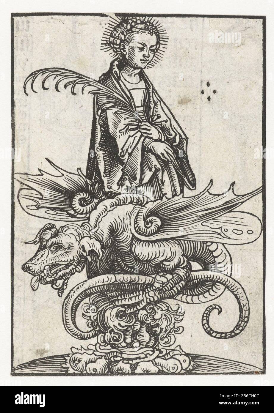 Bild der heiligen Margaretha und Drachenbild der heiligen Margarethe, die zu Fuß mit Palme und Drache steht und reich mit Verzierungen verziert ist. Auf der Verso dieser Buchillustration sind einige kleine Bilder von Reliquiaren gedrukt. Hersteller : Druckerhersteller Lucas Cranach (I) Postproduktion: Wittenberg dating: 1509 - 1549 Physikalische Merkmale: Holzschnittmaterial: Papiertechnik: Holzschnittmaße: Blatt: H 128 mm × W 91 mmToelichtingDe Holzstämme waren 1509 zum ersten Mal in: Farbstoff zur Verfärbung des hochlobigen Hailigthums von Stift Kirchen zu wittenburg allerhailigen, Wittenberg, Symphorian Reinhart. Dann folgten s Stockfoto