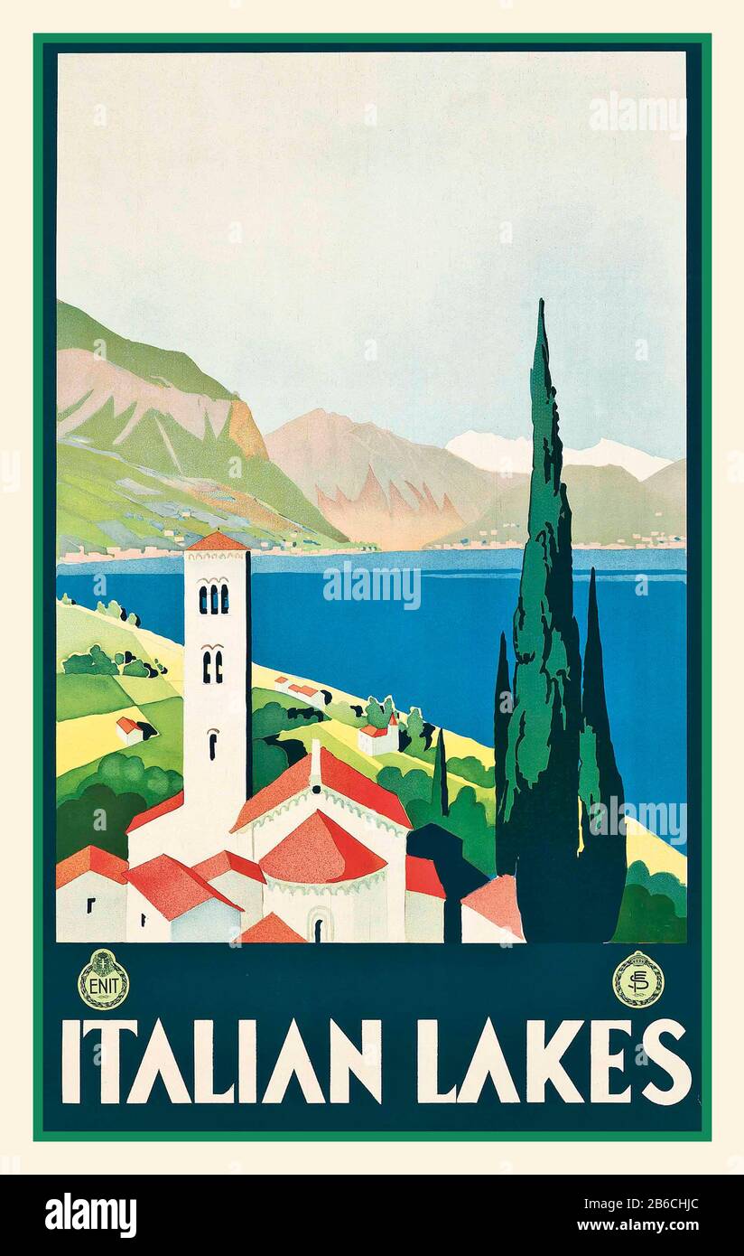 Vintage Travel Poster 1900 Italien ITALIENISCHE SEEN Lithographie in Farben, ca. 1928, gedruckt von Modiano-Triest, Stockfoto
