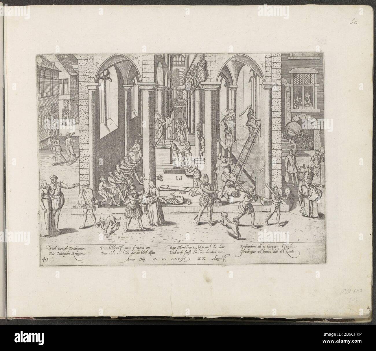 Iconoclasm, 1566 Series 5 Events Dutch, 1566-1570 (Serientitel) Iconoclasm, 20. August 1566. Gesicht in einer Kirche, Wo: Männer, die Heilige hinunterziehen, Fenster zerschlagen und Gemälde zerstören. Soldaten beobachten, rechts geplündert und ausgeraubt. Mit Unterschrift von 8 Zeilen auf Deutsch. Unten links nummeriert 41. Der Druck ist Teil eines Albums. Hersteller : Druckmaschine französische Hochschuhherstellung: Köln Datum: 1568 - ca. 1572 Physikalische Merkmale: Ätzmaterial: Papiertechnik: Ätzmaße: Plattenkante: H 210 mm × W 284 mm Betreff: IkonoklasmTachtigjarige war Reformation Ikonoklasmus (1566) Wann: 1566-08-20 - 1566-08-20 Stockfoto