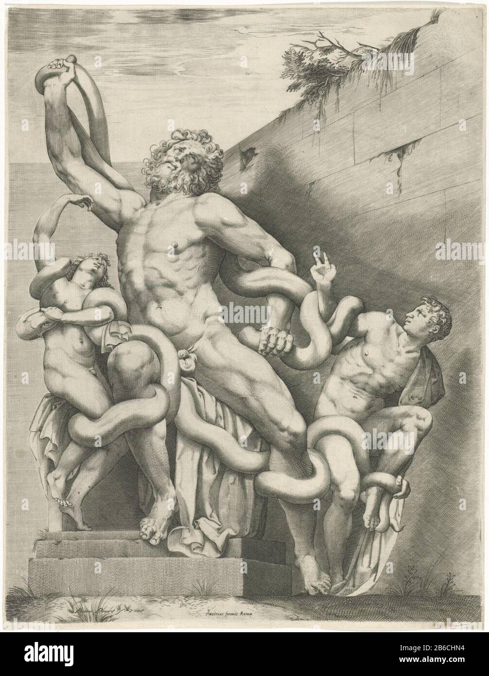 Skulptur das Laocoöngroep Objekt Typ : Bild Artikelnummer: RP-P-ob-60.146Katalogusreferentie: Hollstein Dutch 36-1 (2) Markierungen / Marken: Sammlermarke, verso unten links, gestempelt: Lugt 240numer, verso inmitten handschriftlicher Tinte, '4.2. - 74'Zahl, rechts unten, handschriftlich in brauner Tinte: "1239" Hersteller: Druckmaschine Pieter Perret (aufgeführte Eigenschaft) Ort Herstellung: ROM Datum: 1581 Physische Merkmale: Fahrzeugmaterial: Papiertechnik: Engra (Druckverfahren) Abmessungen: Plattenkante: H 421 mm × W 327 mm Betreff: Laocoon und seine Zwillingssöhne werden während t von zwei Schlangen erwürgt Stockfoto