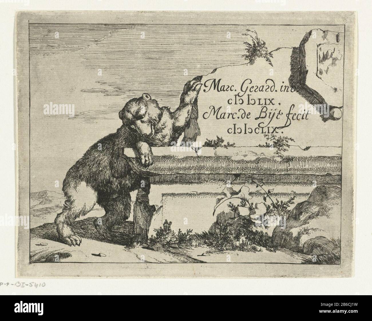 Bier in Steinwand Beren (Serientitel) Bär mit Steinwandbären (Serientitel) Eigentumstyp: Druck Titelbild Artikelnummer: RP-P-BI 5410Catalogusreferentie: Hollstein Dutch 61-1 (4) Kennzeichnung / Marken: Sammlermarke, Verso, gestempelt: Lugt 240 Hersteller: Druckerhersteller Marcus de Bye (denkmalgeschütztes Gebäude), entworfen von Marcus Gerards (I) (denkmalgeschütztes Gebäude) Ort Herstellung: Den Haag Datum: 1664 Physikalische Merkmale: Ätzmaterial: Papiertechnik: Ätzmaße: Blatt: H 118 mm × W 149 mm Betreff: Raubtiere, Raubtier Stockfoto