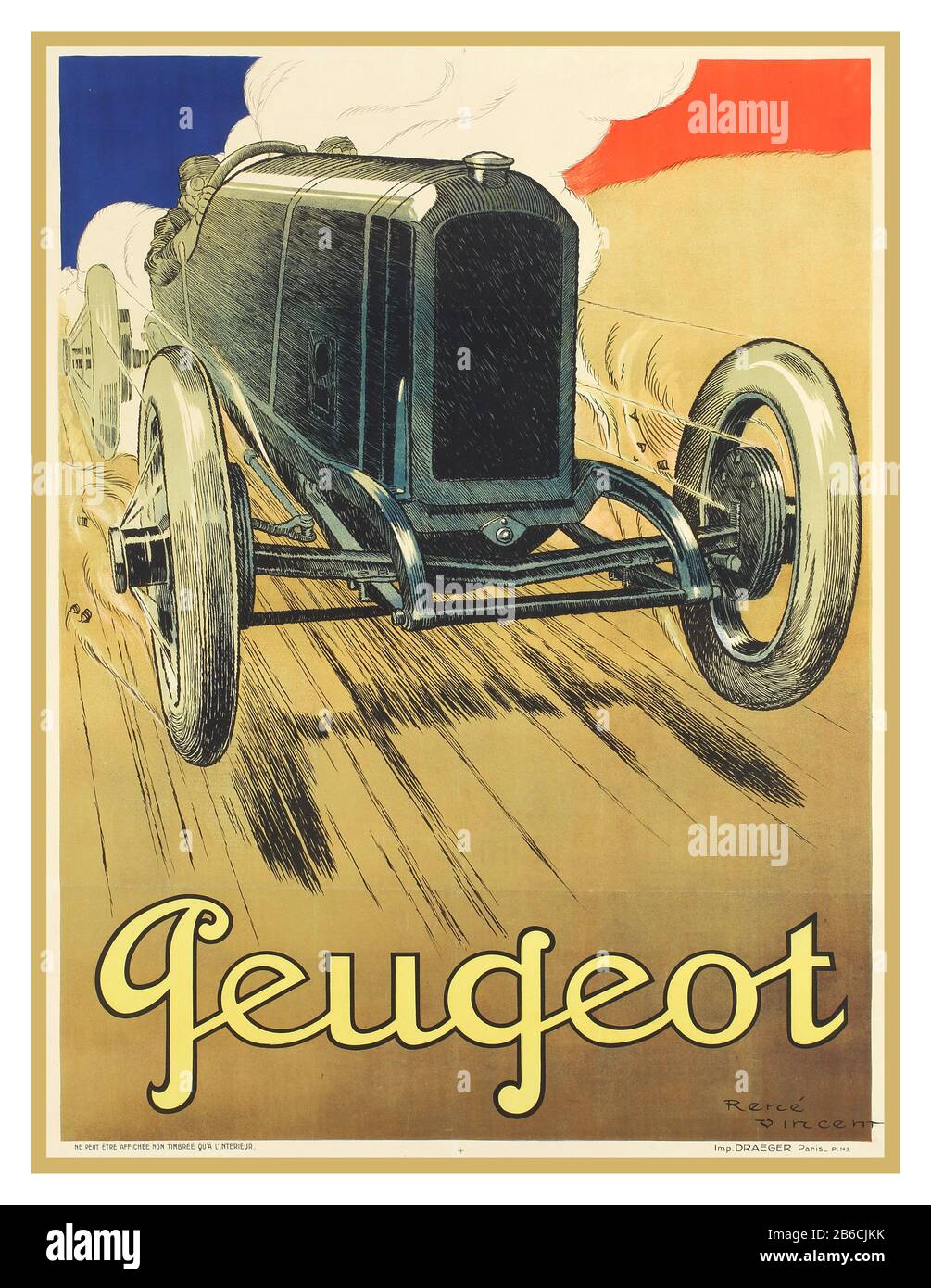 Oldtimer Peugeot Motor Racing Car 1912 Poster - Auto - Frankreich von Künstler Rene Vincent (1879-1936) Peugeot, Automobil-Poster, Künstler: Rene Vincent 1919 Stockfoto
