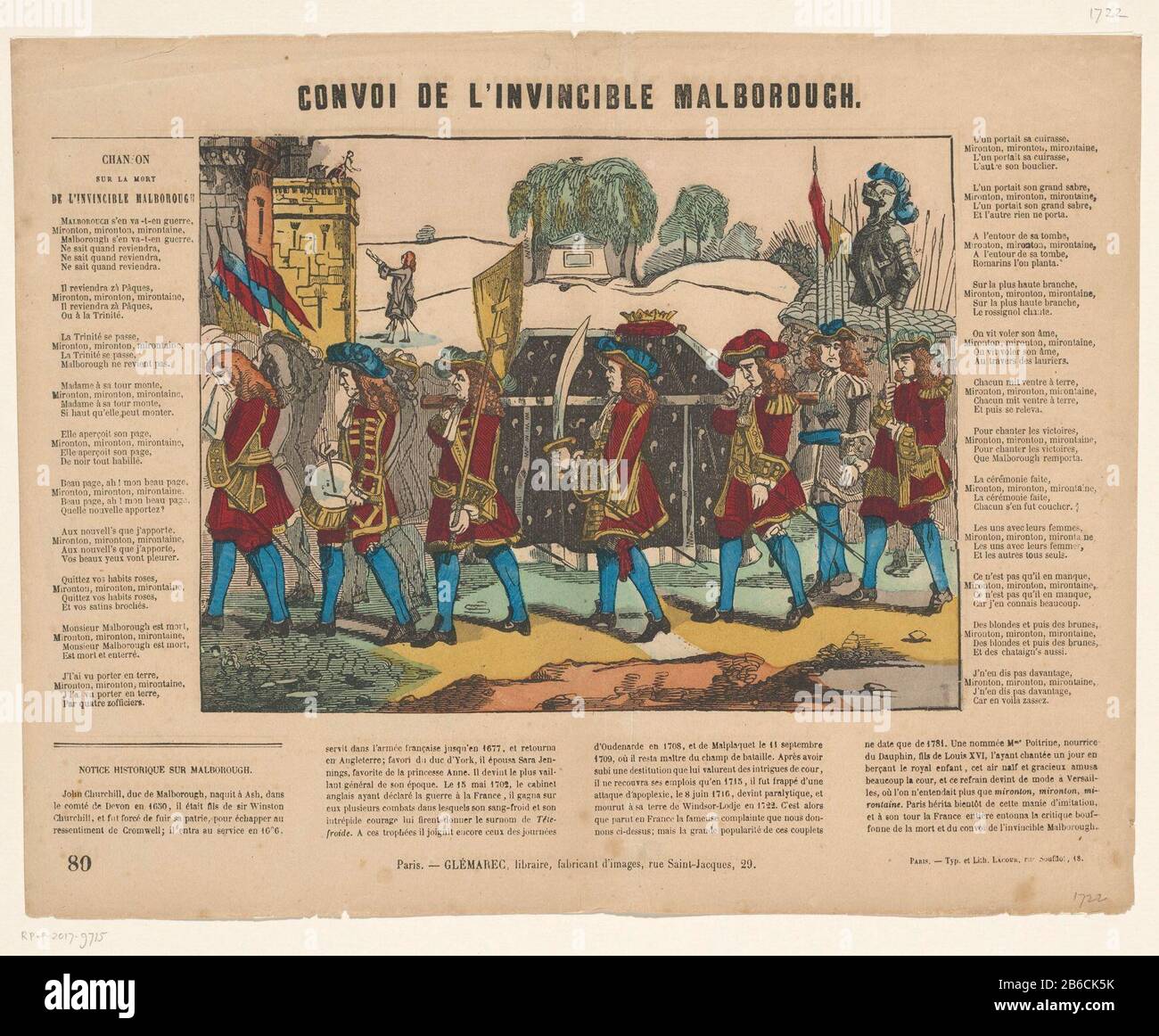 Grabzug für den Herzog von Marlborough, 1722 Convoi de l'invincible Malborough (Titelobjekt) Trauerzug für den Herzog von Marlborough, verstorben am 16. Juni 1722. Auf beiden Seiten die Verse eines Liedes über den verstorbenen englischen Herzog. Nach unten 'Hinweis historique. Nummer 80. Hersteller : Herausgeber: Charles-Eugène Glémarec (denkmalgeschütztes Gebäude) Drucker: François LacourPlaats Herstellung: Paris Datum: 1858 - 1860 Physische Merkmale: Holzschnitt, handschriftlich eingefärbt, Textdruckmaterial: Papiertechnik: Holzschnitt / Handfarbe / Druckformate: Blatt: H 325 mm × W 410 mm Betreff: Kortege, Trauerzug Stockfoto