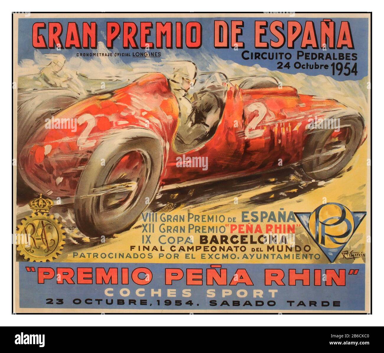 Jahrgang 1954 Automobilrennposter großer Preis von Spanien 1954 - Gran Premio de España 1954 - Peña Rhin Der große Preis von Pena Rhin war ein Grand-Prix-Motorrennen, das auf drei verschiedenen Rennstrecken in drei verschiedenen Epochen in Spanien ausgetragen wurde. Das Rennen wurde mit Unterbrechungen über seine Geschichte ausgetragen, manchmal für große Grand-Prix-Autos, manchmal für Sportwagen. In den 1950er Jahren wurde es auf dem Pedralbes Circuit ausgetragen. Dieses Poster des Gran Premio de Espana Circuito Pedralbes wurde von M Garcia für den Premio Pena Rhin entworfen, der am 24. Oktober 1954 stattfand. Stockfoto