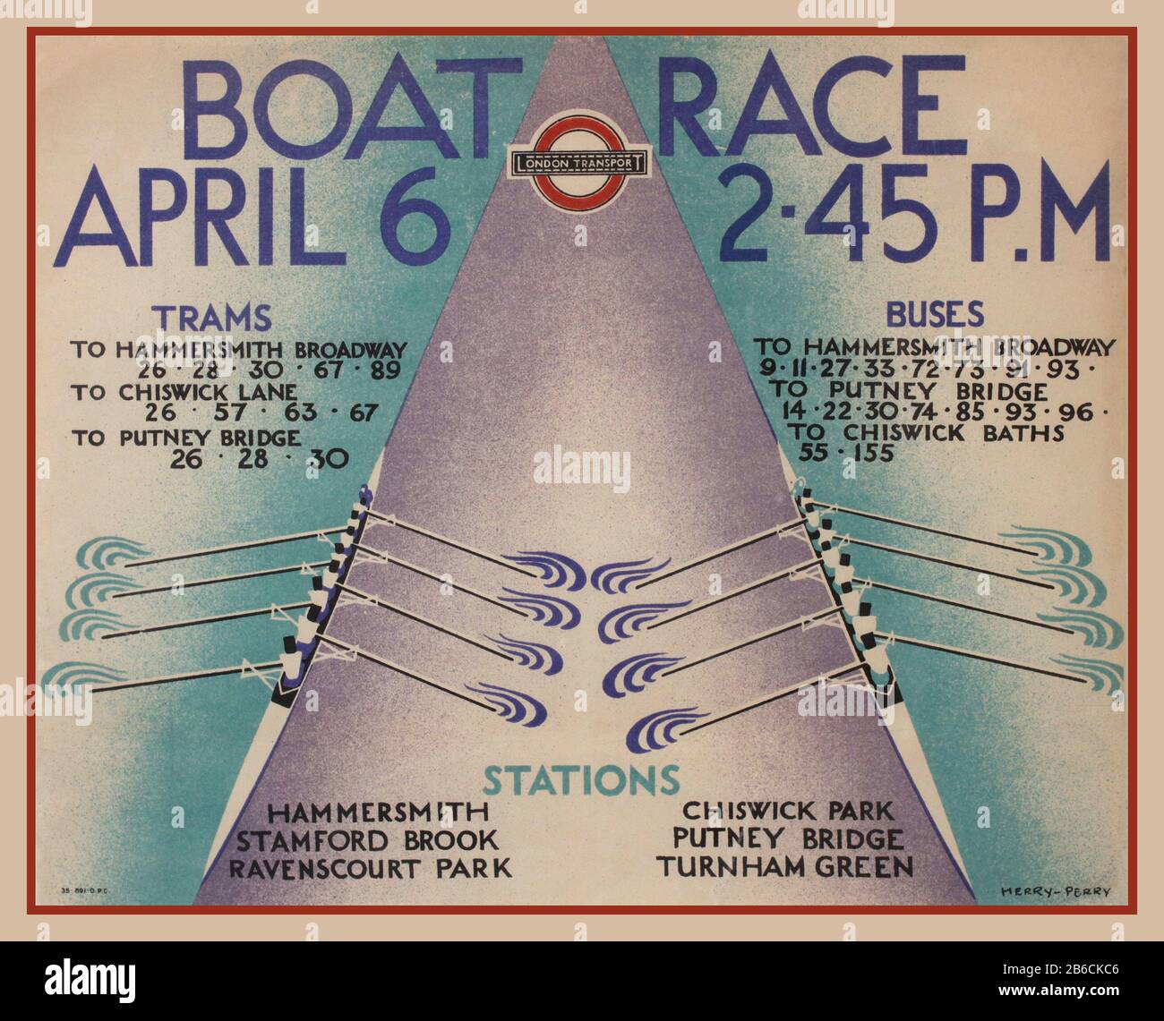 Jahrgang 1935 British Boat Race Poster Herry-Perry (Heather Perry 1893-1962) Boat Race, Underground Panel Poster Printed for London Transport by Dangerfield Press 1935 Stockfoto