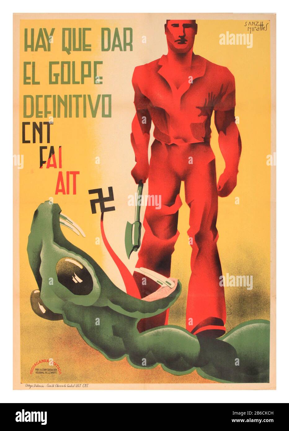 Spanisches Bürgerkriegs-Plakat 1936 "Der letzte Schlag muss gemacht werden" Miralles spanischer Bürgerkrieg 1936 Serpent mit Swastika-Emblem aus seinem Mund Antifazistenpropaganda Spanien 1930er Jahre "hay que dar el golpe definitivo cnt fai ait" Vintage 1930er Jahre CNT Propaganda spanisches Poster 19. Juli, 1936 jährt sich der 79. Jahrestag des Beginns der spanischen Revolution, als Anarchisten in ganz Spanien Waffen gegen die reaktionären spanischen Militärkräfte aufnahmen, die versuchten, Spanien zu übernehmen. Was folgte, war ein blutiger Bürgerkrieg und die ultimative Niederlage der spanischen Anarchisten drei Jahre später. Stockfoto