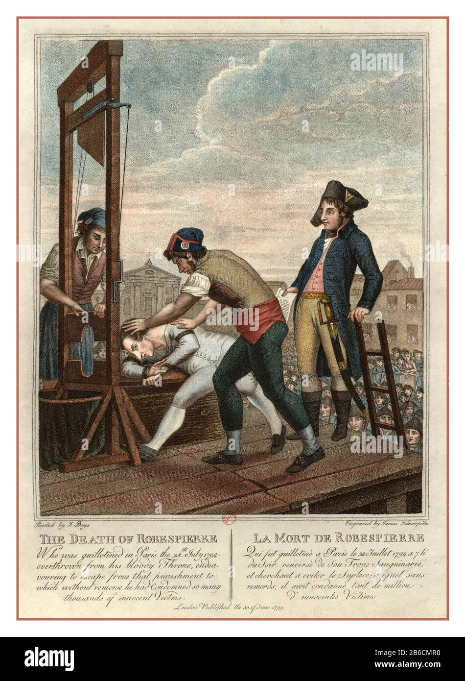 Robespierre AUSFÜHRUNG von 1793 VINTAGE Color Radierung DER TOD DES FRANZÖSISCHEN REVOLUTIONÄRS ROBESPIERRE L'execution de Maximilian de Robespierre a la Guillotine. Die Spannungen im Konvent erlaubten es Jean-Lambert Tallien, einem der Verschwörer, den Robespierre in seiner Denunziation im Sinn hatte, den Konvent gegen Robespierre zu wenden und seine Verhaftung zu erlassen. Am Ende des nächsten Tages wurde Robespierre an der Place de la Revolution hingerichtet, wo König Ludwig XVI. Ein Jahr zuvor hingerichtet worden war. Er wurde wie alle anderen mit Guillotine hingerichtet. Stockfoto