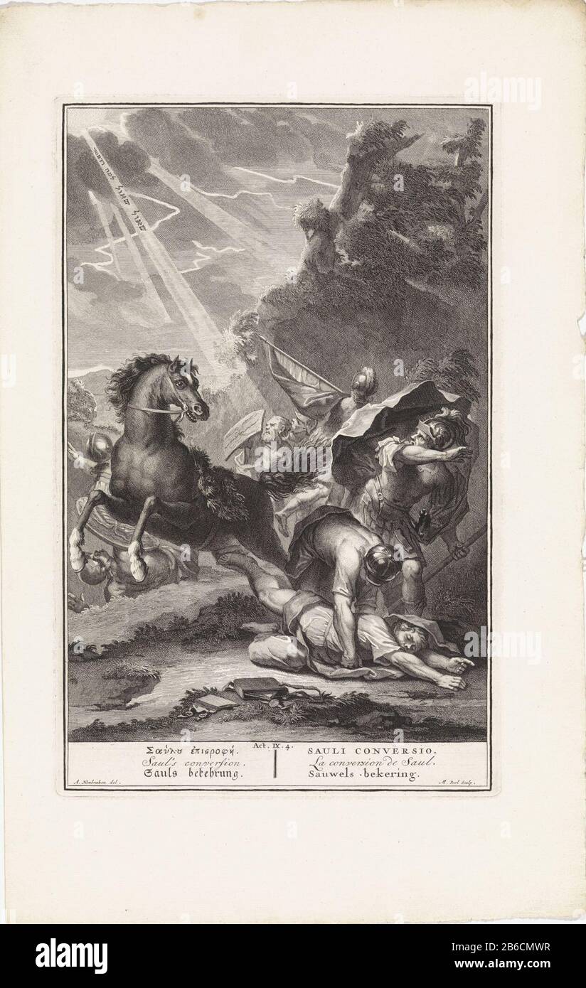 Die Bekehrung Pauls Auf dem Weg nach Damaskus hat sich Christus Saul offenbart. Er erscheint in den Wolken als Lichtstrahlen und spricht mit ihm. Saul ist gerade von seinem Pferd und auf den Boden geworfen worden. Soldaten kommen zu seiner Rettung. Nach seiner Bekehrung rief er Paul an. Abbildung der bibelhand. 9:4. Unter den Show-Titeln in Hebräisch, Englisch, Deutsch, Latein, Französisch und Nederlands. Hersteller: Druckmaschine: Matthijs Pool (denkmalgeschütztes Eigentum) zum Zeichnen: Arnold Houbraken (denkmalgeschütztes Gebäude) Herausgeber: Bernard Picart (möglich) Herausgeber: Pieter de Hondt (möglich) Herstellung: Druckmaschine: Amsterdam Publ Stockfoto