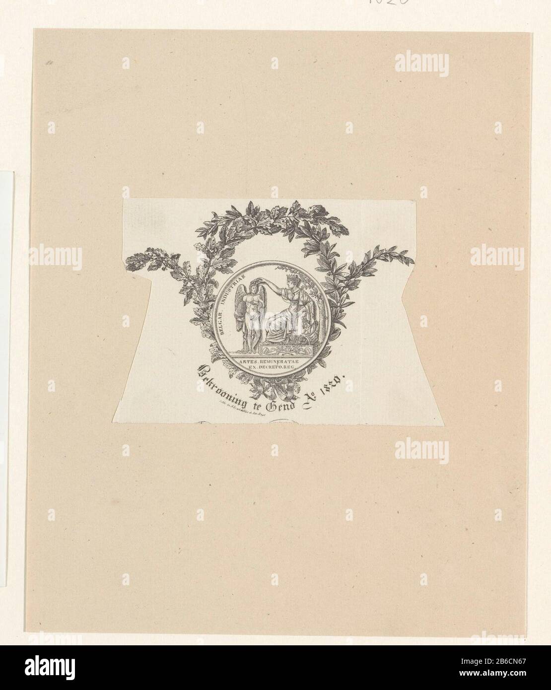 Bekrooning to Genderen Ao, RP-P-2018-596 Medaille, die im Rahmen von Lorbeer und Eikenloof in einem Wettbewerb oder einer Ausstellung in Gent im Jahr um das Jahr um das Jahr im Jahre 188 als Preis verliehen wurde. Hersteller : Druckmaschine D. Abrahams (Lithographie Royale) (denkmalgeschütztes Gebäude) Ort Herstellung: Den Haag Datum: 1820 Physikalische Merkmale: Ätzmaterial: Papiertechnik: Ätzmaße: Blatt: H 73 mm (unregelmäßig geschnitten und eingeklebt) × b 107 mm Betreff: Medaille (Als Stück Skulptur betrachtet, weniger als seine spezifische Funktion), Wenn: 1820-20 Stockfoto