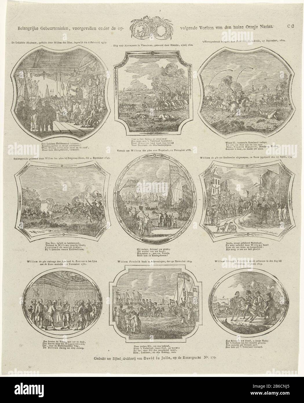 Wichtige Ereignisse, unter der folgenden Aufbewahrung für Fälle Herrschaften des Hauses Orange Nassaus (Titelobjekt) Blatt mit 9 Darstellungen historischer Ereignisse unter Fürsten des Hauses Orange Nassaus, Fürst William I. 1575 zu Willem Frederik George Lodewijk bei der Schlacht von Waterloo im Jahr 1815. Mitte über dem Siegel der Gesellschaft für van 't Algemeen Nut. Über jedem Bild ein Titel mit Datum, ein vierzeiliger Vers unter jedem Bild. Oben rechts nummeriert: CC. Hersteller : Druckerhersteller Jacob Plugger (denkmalgeschütztes Gebäude) Herausgeber: David le Jolle (börsennotiertes Objekt) Herstellung: Druckmaschine: Netherlands Publi Stockfoto