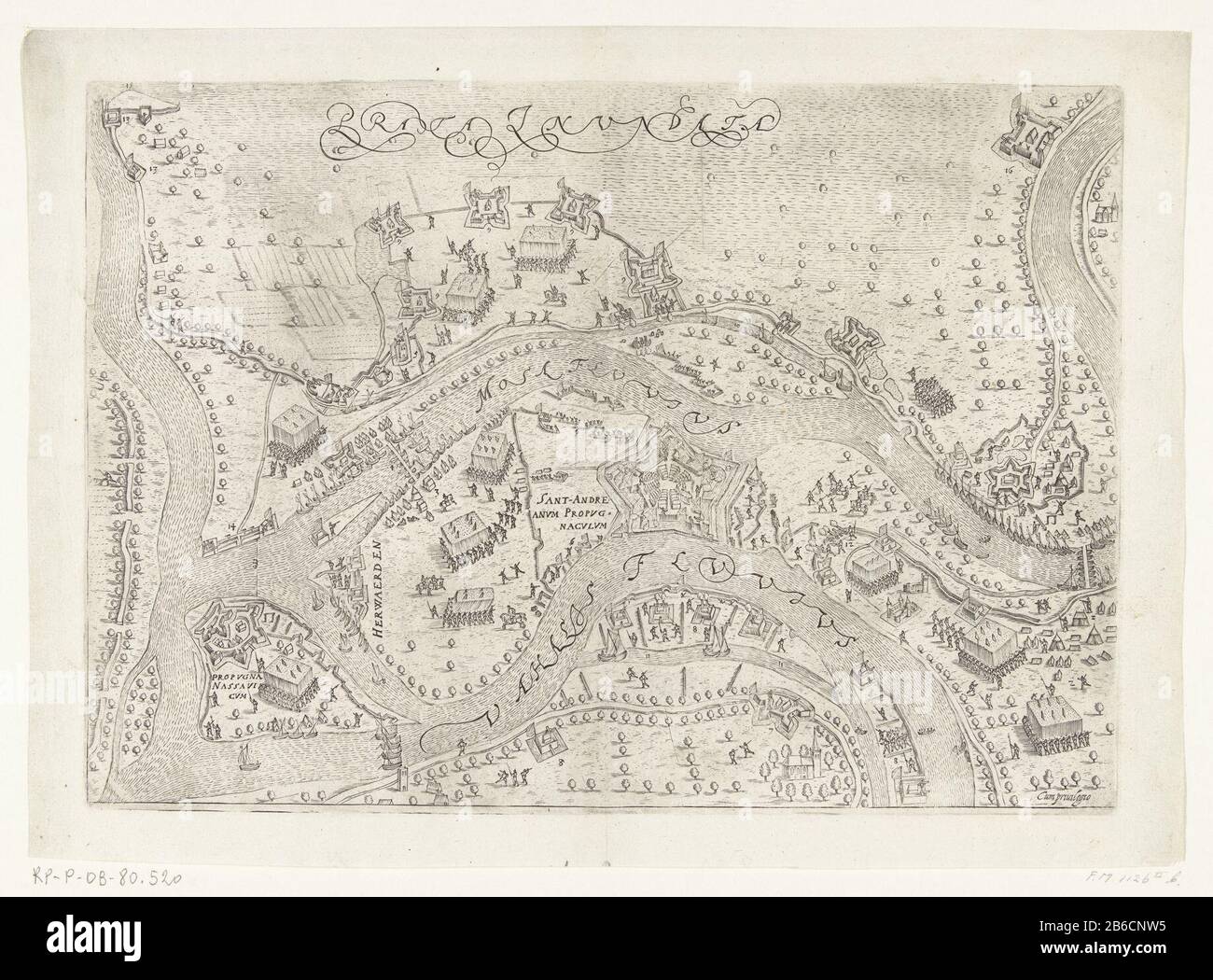 Belagerung und Einnahme von St. Andrew durch Maurice, 1600 Plan des Gebietes zwischen Maas und Waal mit den Konces St. Andrew und Voorne, belagert und erobert von der Armee der Staaten unter Maurice, Frederick Henry und Louis Gunther Mai 1600. Ohne Legenda. Hersteller : Druckhersteller: Pieter Bast (dem) Anbieter von Privilegien: Unbekannter Ort Herstellung: Nordholland Datum: 1600-1601 und/oder 1610 Physische Merkmale: Engra-Material: Papiertechnik: Engra (Druckverfahren) Maße: Plattenkante: H 220 mm × W 312 mmToelichtingGebruikt zur Veranschaulichung in: JJ Orlers, The Nassa Stockfoto
