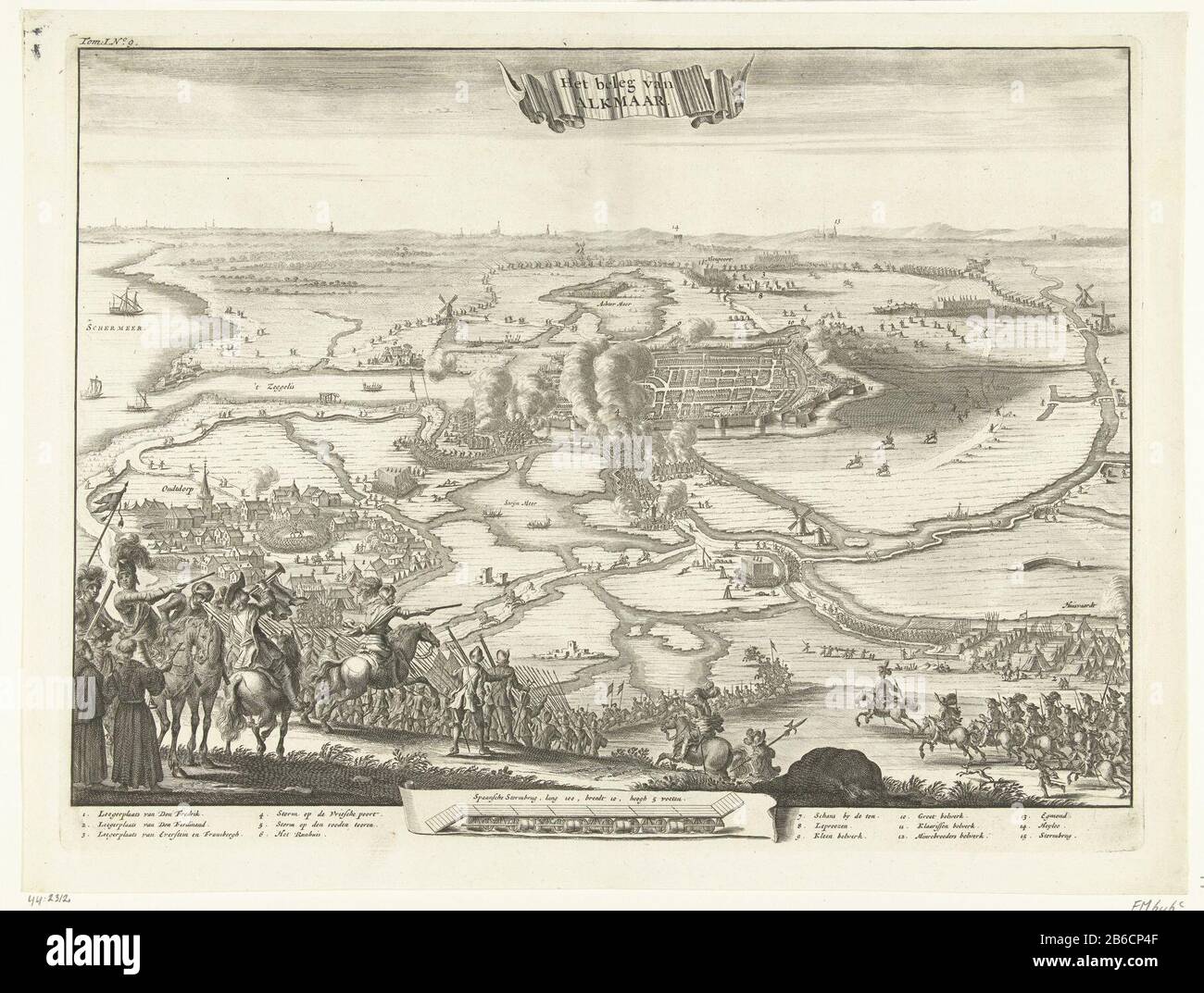 Belagerung von Alkmaar, 1573, Belagerung von Alkmaar (Titelobjekt) Belagerung von Alkmaar, 1573Het Belagerung von Alkmaar (Titelobjekt) Immobilientyp: Print History Picture Item Number: RP-P-1944-2312Catalogusreferentie: FMH 646- [c] Anmerkung 3 (3) Beschreibung: Gesicht in der Vogelperspektive von Alkmaar und Umgebung während der Belagerung durch die Spanier, 1573. Im Vordergrund spanische Truppen und mehrere Mönch. Unten in einer Kartusche spanischen Sturmbrücke. In der Legende die Legende 1-15 in den Nederlands. Hersteller : Druckmaschine: Coenraet Decker (zugeordnet zu) Herstellung: Nordniederland Datum: 1701 - 1703 Physi Stockfoto