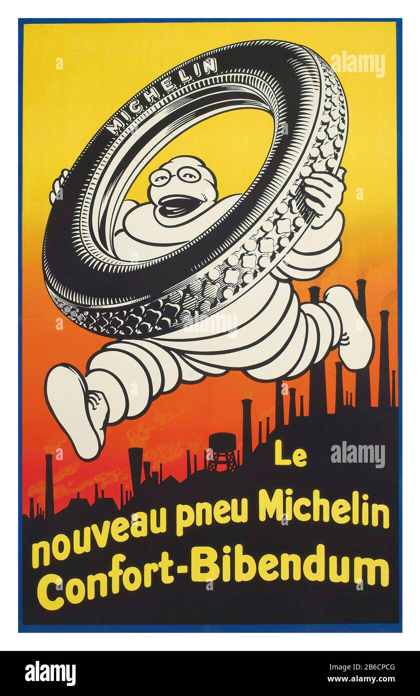 Vintage MICHELIN POSTER 1926 'LE NOUVEAU PNEU MICHELIN CONFORT-BIBENDUM' lithograph in Farben, 1926, gedruckt von Bédos et Cie., Paris Stockfoto