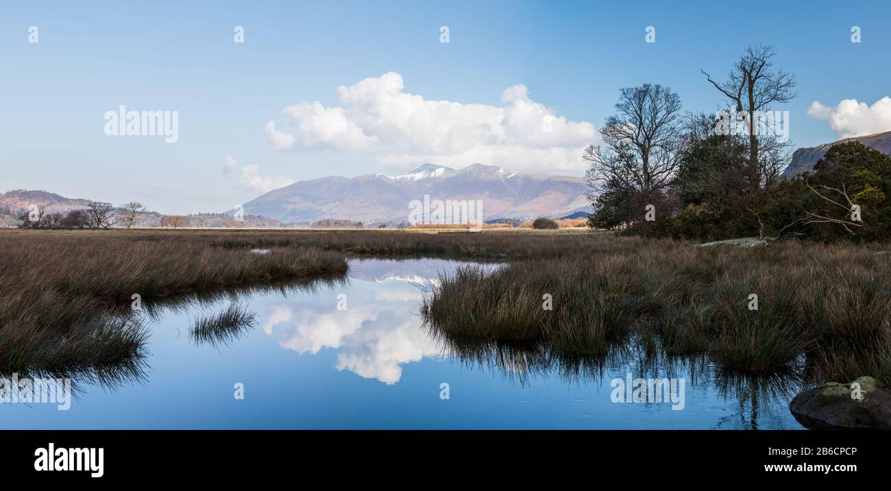 Ein Panorama-Panorama mit Blick nach Norden über Derwent Water zu den schneebedeckten Gipfeln. Stockfoto