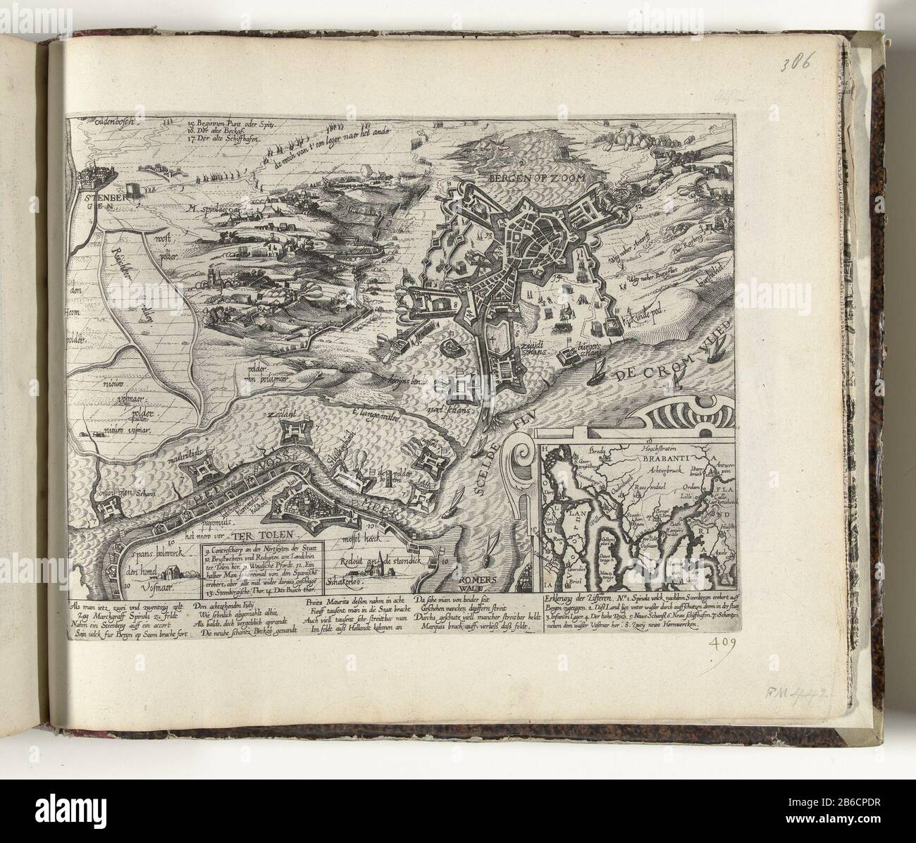 Belagerung von Bergen op Zoom durch Spinola, 1622 Serie 11 verschiedene externe Ereignisse, 1571-1631 (Serientitel) Belagerung von Bergen op Zoom durch Spinola, 18. Juli bis 27. August 1622. Karte von Bergen op Zoom und Umgebung mehrere Forts und die Positionen der spanischen Armee. Unten in einer Wettkarte von Zeeland und der Scheldet-Flussmünde. Mit der Legende der Zahlen 1-17. Mit einer Unterschrift von 16 Zeilen in deutscher Sprache. Unterer nummerierter Stift rechts: 409. Der Druck ist Teil eines Albums. Hersteller : Druckerhersteller French High Mountain (Werkstatt) Ort Herstellung: Köln Datum: 1622 - 1624 Physikalische Merkmale: Radierung mA Stockfoto