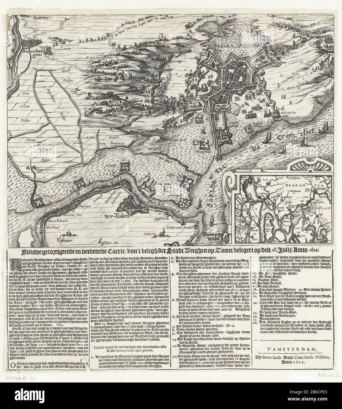Belagerung von Bergen op Zoom, 1622 Neu korrigiert und verbessert Caerte 't Belegh der Stadt Berghen op Zoom Belagerung am 18. Juli, Anno 1622 (Titelobjekt) Belagerung von Bergen op Zoom, 1622Nieuwe korrigierte und verbesserte Caerte / 't Belegh der Stadt Berghen Zoom / Belagerung am 18. Juli / Anno 1622 (Titelobjekt) Objekttyp: Neues Bild drucken Artikelnummer: RP P-ob-80.997Catalogusreferentie: FMH-1466 bHollstein Dutch 43-2 (2) Beschreibung: Belagerung von Bergen op Zoom durch die spanische Armee unter Spinola und Velasco vom 18. Juli bis 3. Oktober 1622. Plan der Stadt und der Wasserstraßen in der Umgebung. Nach rechts ein Kartuschen-Touch Stockfoto