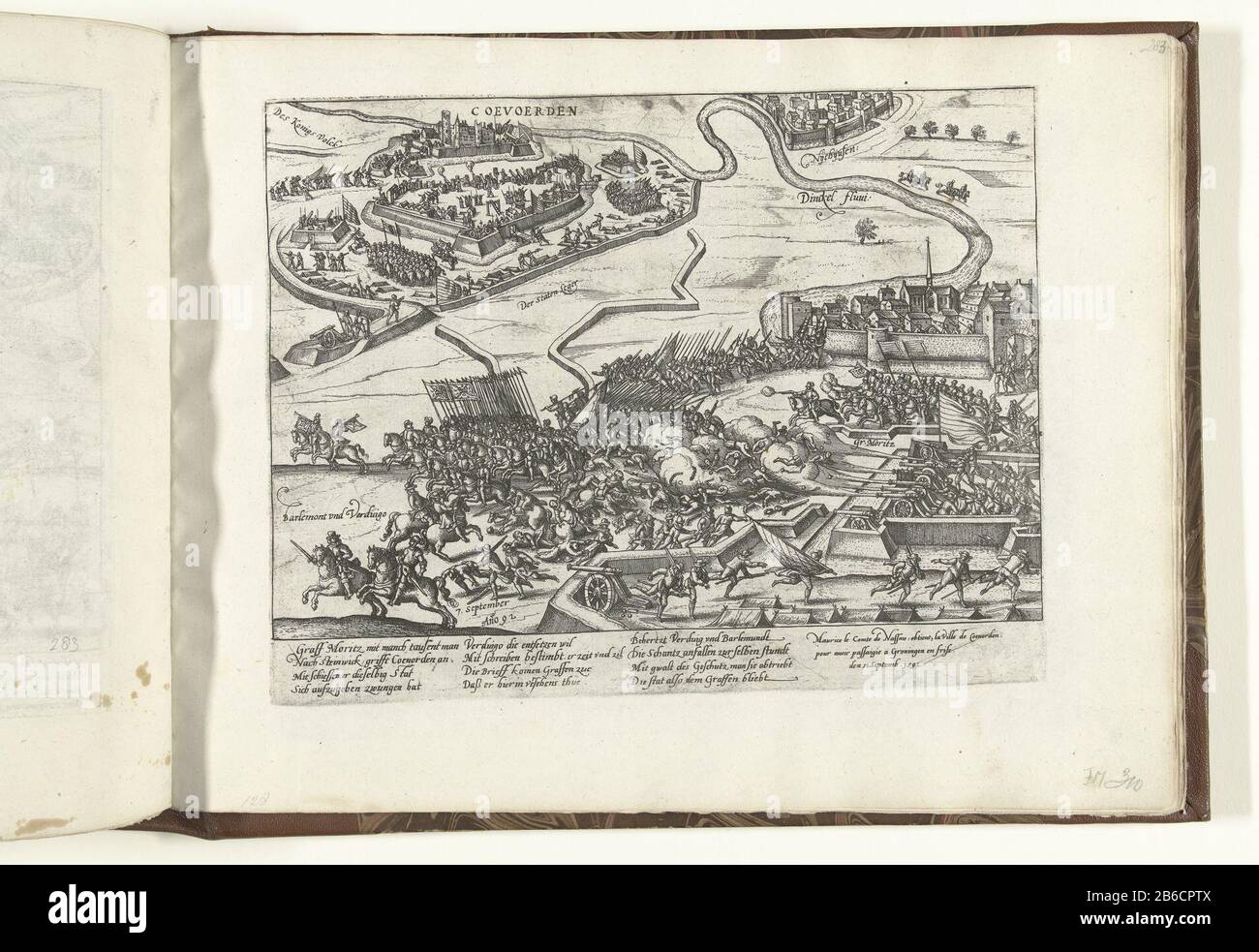 Belagerung von Coevorden durch Maurice, 1592 Serie 10 holländische und ausländische Ereignisse, 1587-1612 (Serientitel) Belagerung von Coevorden durch die Armee der Staaten unter Fürst Maurice, 12. september 1592. Im Vordergrund Beschuss und Kämpfe bei der Eroberung von (Wo: Offenbar) Emlichheim am 7. september 1592, dies auch Berlaymont und Verdugo. Über der kleinen Belagerung von Coevorden. Links oben ziehen spanische Truppen aus der Stadt. Mit einer Unterschrift von 12 Zeilen auf Deutsch und drei Zeilen auf Französisch. Ongenummerd. Hersteller : Druckerhersteller French High Mountain (Werkstatt) Ort Herstellung: Köln Datum: 1592 - Stockfoto