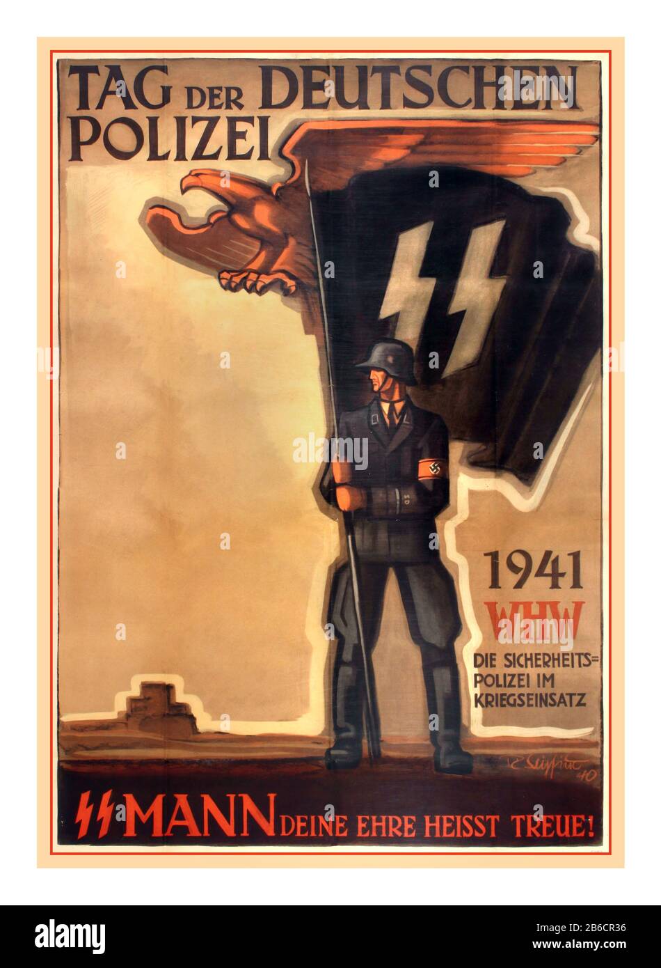 Tag der Deutschen Polizei WW2 klassisches deutsches Nazi-Propaganda-Plakat zum Tag der Deutschen Polizei im Rahmen des Winterhilfswerks von 1941. Plakat mit SS-Soldaten, die SS-Banner mit Adler, Symbol des deutschen Imperiums, im Hintergrund abgebildet haben. Text lautet: Tag der Deutschen Polizei 1941 WHW die Sicherheit politik im Kriegseinsatz Mann Deine ehre ist treue! Tag der Deutschen Polizei. WHW die Sicherheitspolizei im Kriegseinsatz. Männer, deine Ehre bedeutet Loyalität. Die Schutzstaffel war eine große paramilitärische Organisation unter Adolf Hitler und der NS-Partei (Nazi-Partei) im NS-Regime Stockfoto