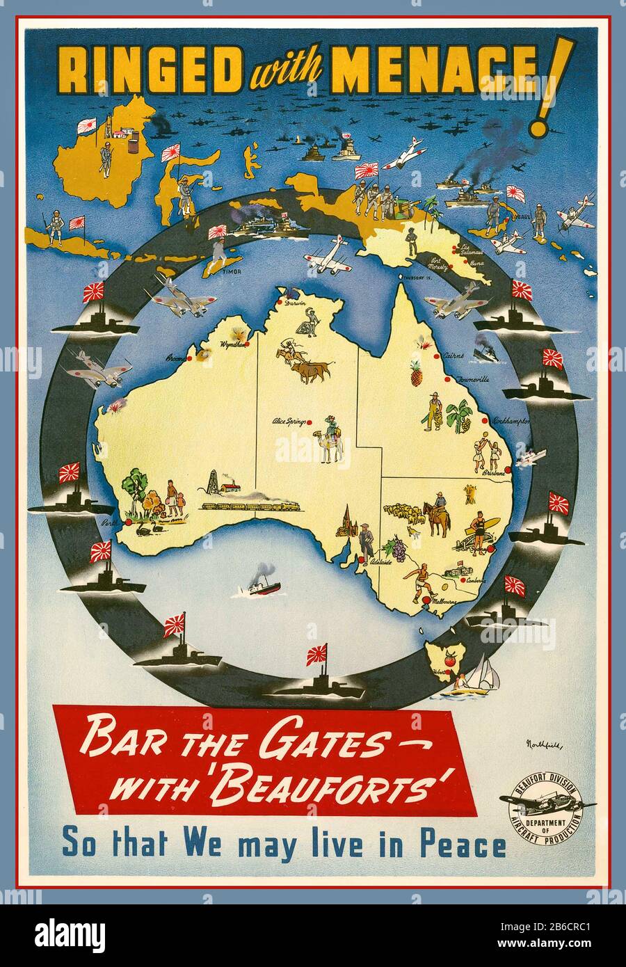 Australia Vintage WK2 Propaganda Poster 1942 Kriegsplakat zeigt Australien von der Bedrohung durch Japan und Invasion beringt. 'BERINGT VON BEDROHUNG' 'Bar the Gates with Beauforts so that We May Live in Peace' World war II Second World war Stockfoto