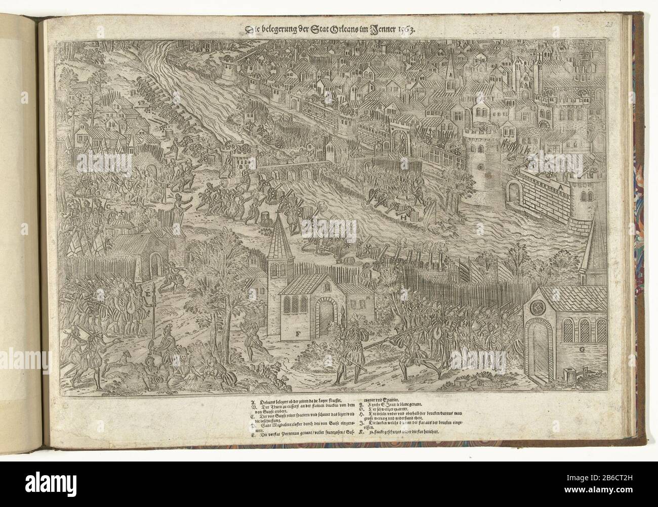 Belagerung von Orléans, Januar 1563. Blick auf die Stadt von den Positionen der Belagerer. In der Legende die Legende A-K auf Deutsch. Ongenummerd. Hersteller : Druckerhersteller Jean Perrissin (denkmalgeschütztes Gebäude) Druckerhersteller Jacques Tortorel (denkmalgeschütztes Eigentum) Ort Herstellung: Frankreich Datum: 1570 Physikalische Merkmale: Radierung mit Texten in Briefpressmaterial: Papiertechnik: Radierung / Druckformate: Blatt: H 377 mm × W 510 mm Thema: Belagerung, Krieg des französischen Religionskrieges 1563-01 - 1563-01 Stockfoto