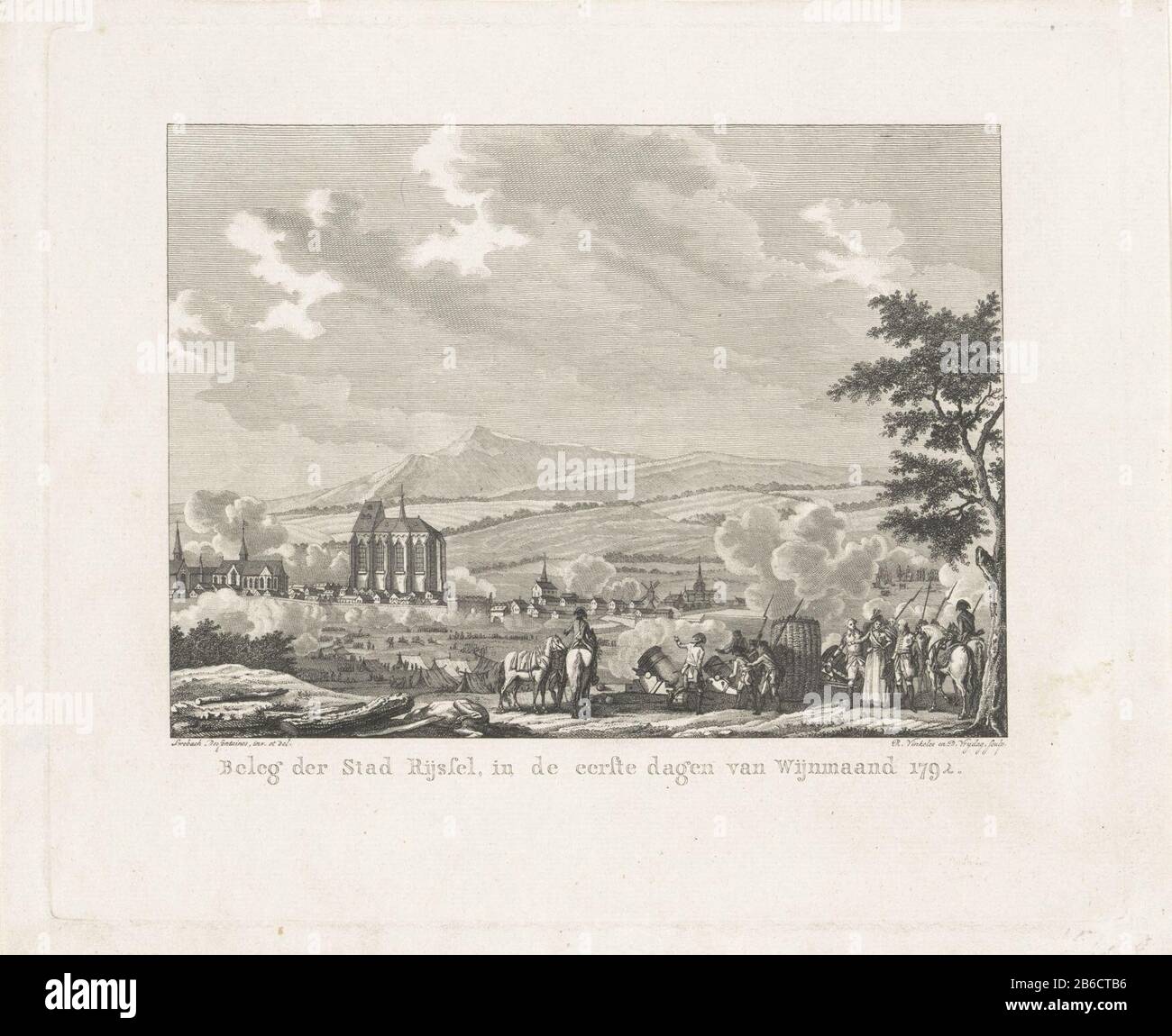 Belagerung von Rijssel durch die Franzosen, die Belagerung der Stadt Lille durch die Franzosen, die in den ersten Tagen des Weinmonats, die Jahre 173 (Titelobjekt) die Belagerung von Lille (Lille) durch die französischen Revolutionstruppen, Anfang Oktober 173, durchführte. Hersteller: Druckmaschine: Reinier Vinkeles (I) (denkmalgeschütztes Gebäude) Druckmaschine Daniel Freitag (auf dem Objekt aufgeführt) zur Zeichnung von: Jacques François Joseph Swebach (auf dem Objekt angegeben) Ort Herstellung: Nordniederland Datum: 1790-1807 Physikalische Eigenschaften: Ätzung und Engra-Material: Papiertechnik: Ätzung / Engra-Messung (Druckverfahren) Maße: Plattenkante: H 225 mm × W 271 mmToelichtingG Stockfoto
