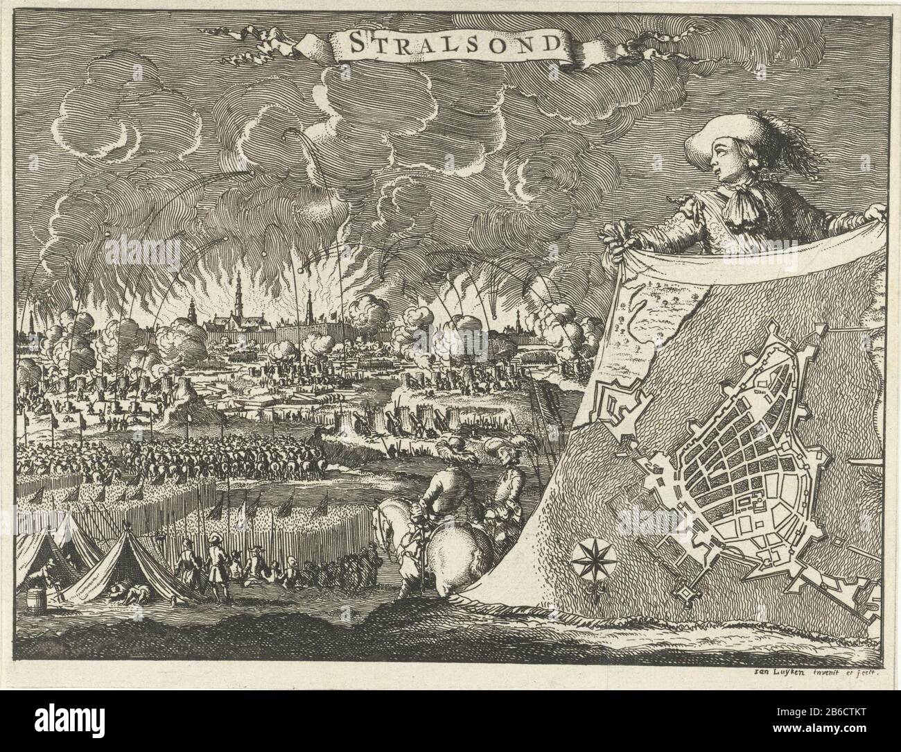 Belagerung von Stralsund, 1678, der Stadt von Stralsund (Titelobjekt), Die Belagerung von Stralsund, 10. Und 11. Oktober 1678. Nach zwei Tagen Bombardierung war schwer: Ruiniertes Stralsund gab sich den Brandburgern zu. Hersteller : Druckerhersteller Jan Luyken (denkmalgeschütztes Gebäude) in seinem Entwurf: Jan Luyken (denkmalgeschütztes Gebäude) Herausgeber: Hendrick und Dirk Tree Place Manufacturing: Amsterdam Datum: 1680 Physikalische Merkmale: Ätzmaterial: Papiertechnik: Ätzmaße: Blatt: H 123 mm × W 159 mmToelichtingIllustratie im Le Mercure Hollandois, contenant les choses plus remarquables, 13 Teile. Amsterdam: Hendrick und Boo Stockfoto